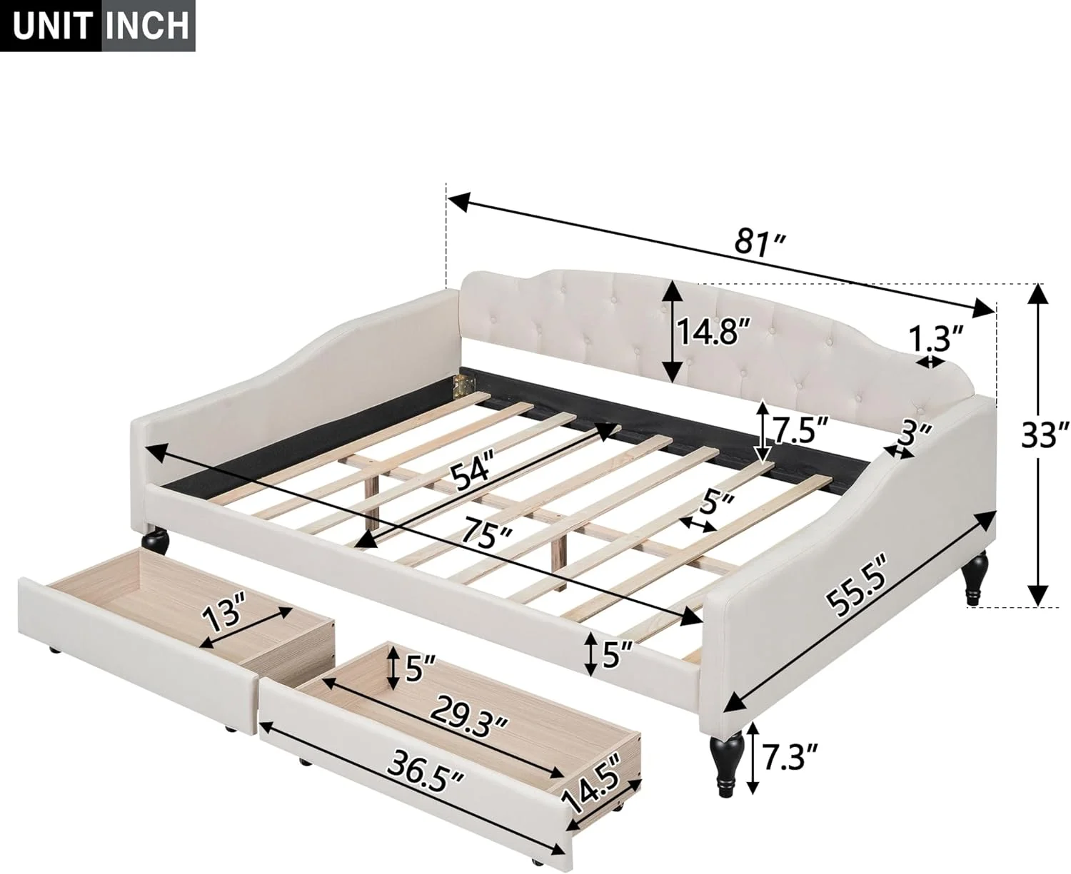 Full Size Daybed Wih Sorage Drawers, Lie Upholsered Day Bed Frame, Boom ufed Sofa Bed -Ceury Desig For Bedroom Livig Room Gues Room, Beige