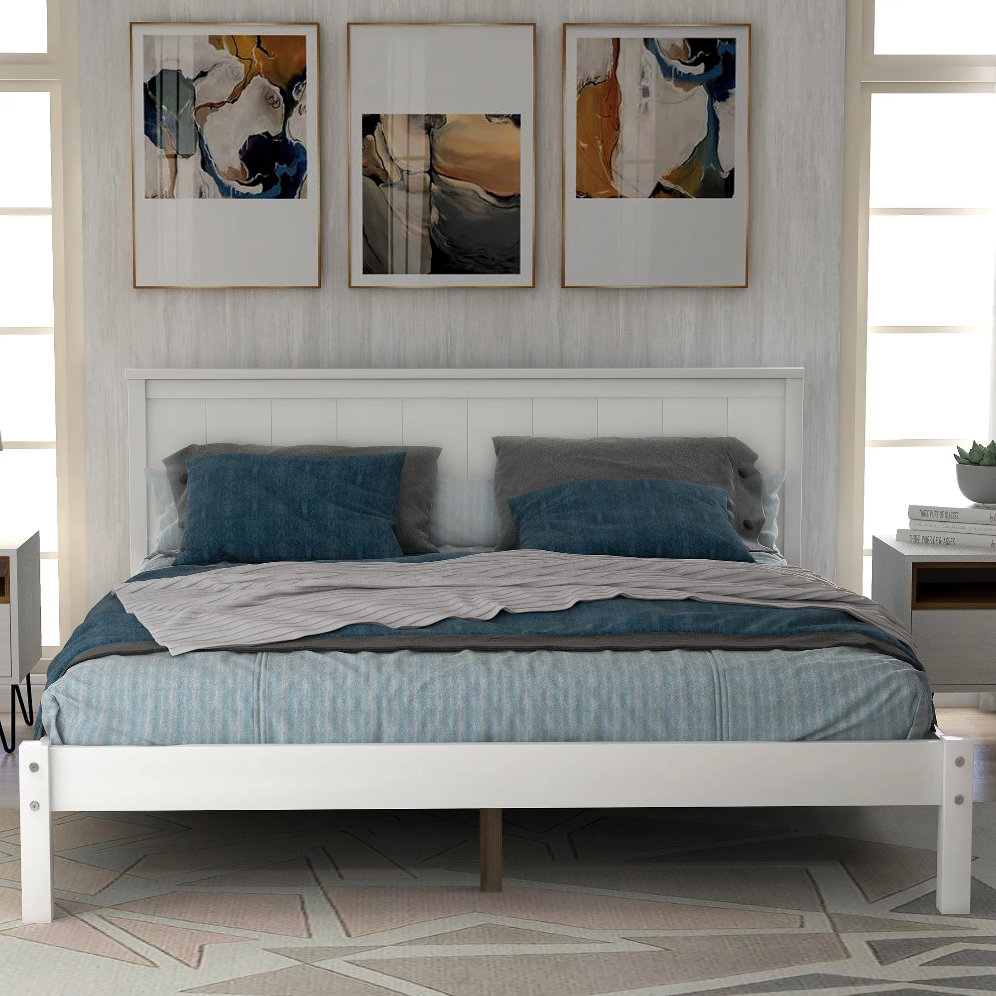 Nestfair White Full Wooden Platform Bed with Headboard and Wood Slat Support