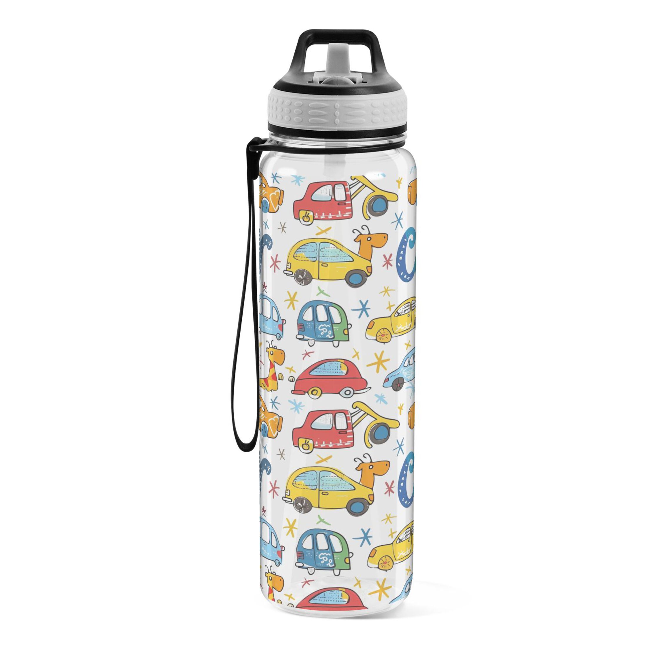 Cartoon Vehicles Cars 32oz Sports Water Bottles Leakproof Tritan Bottle with Straw BPA Free Clear Bottle for Fitness Gym Outdoor Cycling