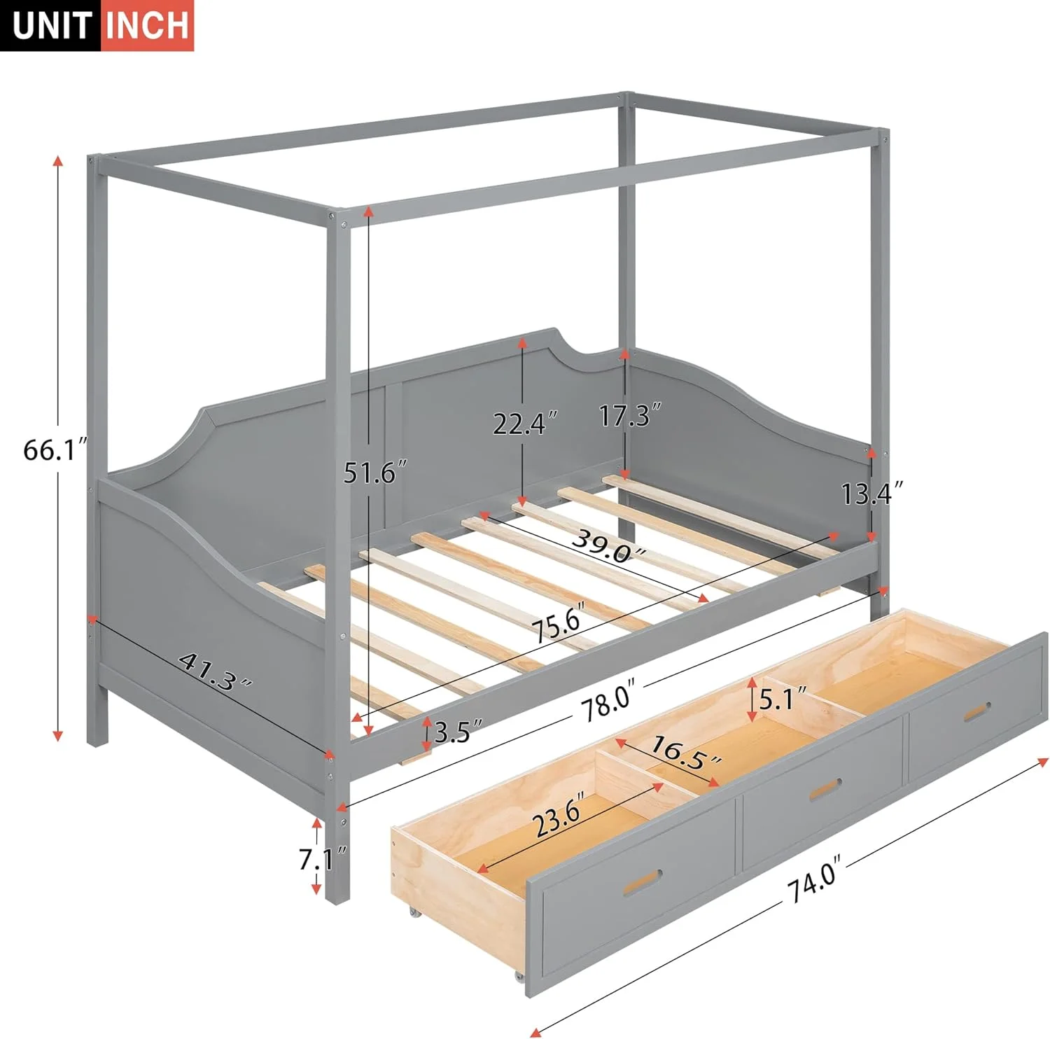 Canopy Bed With Storage, Wood Daybed Frame With 3 Drawers, Sofa Bed, Platform Bed Frame For Kids, Teens, Adults, No Box Spring Required, Gray