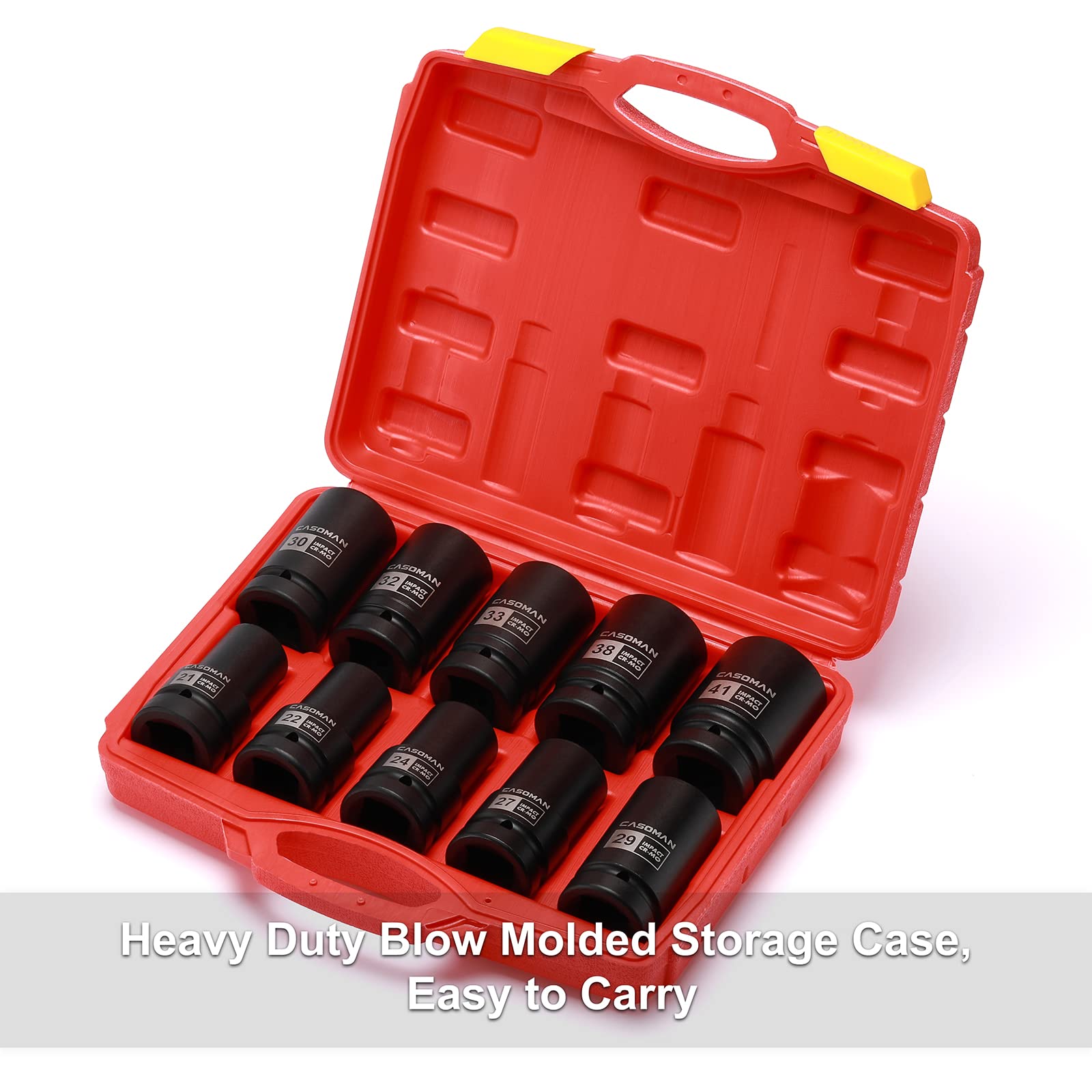 CASOMAN 10PCS 1-inch Drive Deep Impact Socket Set, Metric, CR-MO, 21,22,24,27,29,30,32,33,38,41mm, Deep Spindle Axle Nut Impact Socket Set