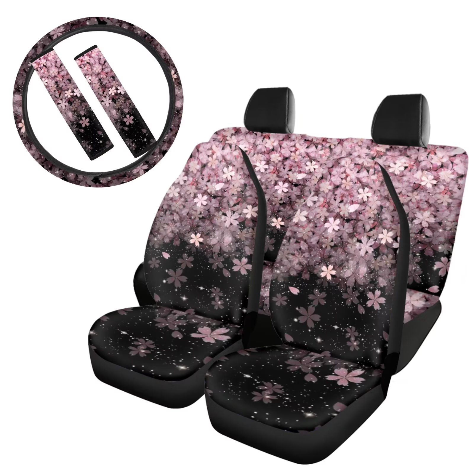 Suhoaziia 7 Piece Car Seat Covers for Van Sedans SUV,Comfortable Cherry Blossom Front and Rear Seat Protectors Auto Interior Accessiores Set,Anti-Slip Steering Wheel Wraps and Seat Belt Cover