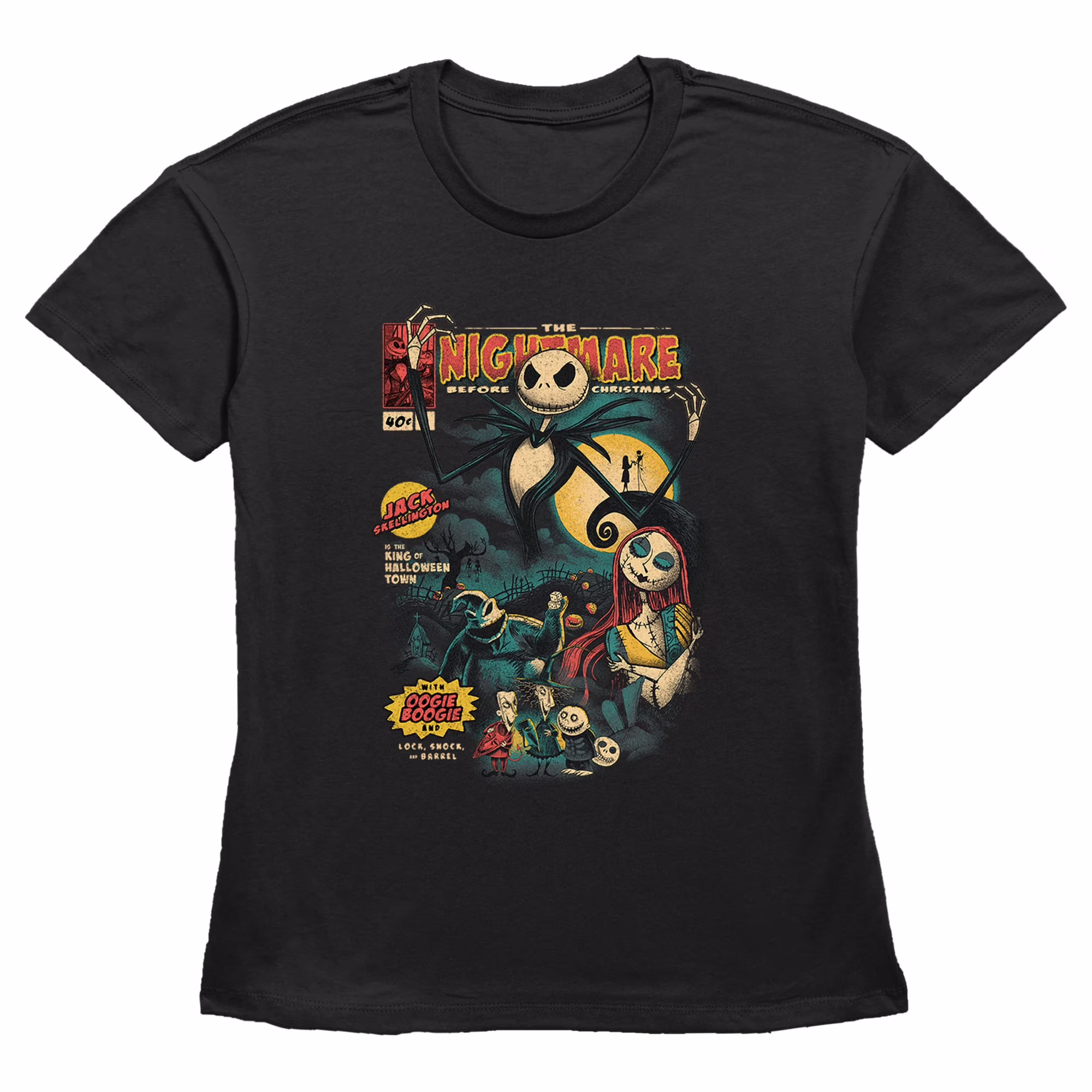 Women's The Nightmare Before Christmas Jack and Sally Comic Cover  Graphic Tee Black Small