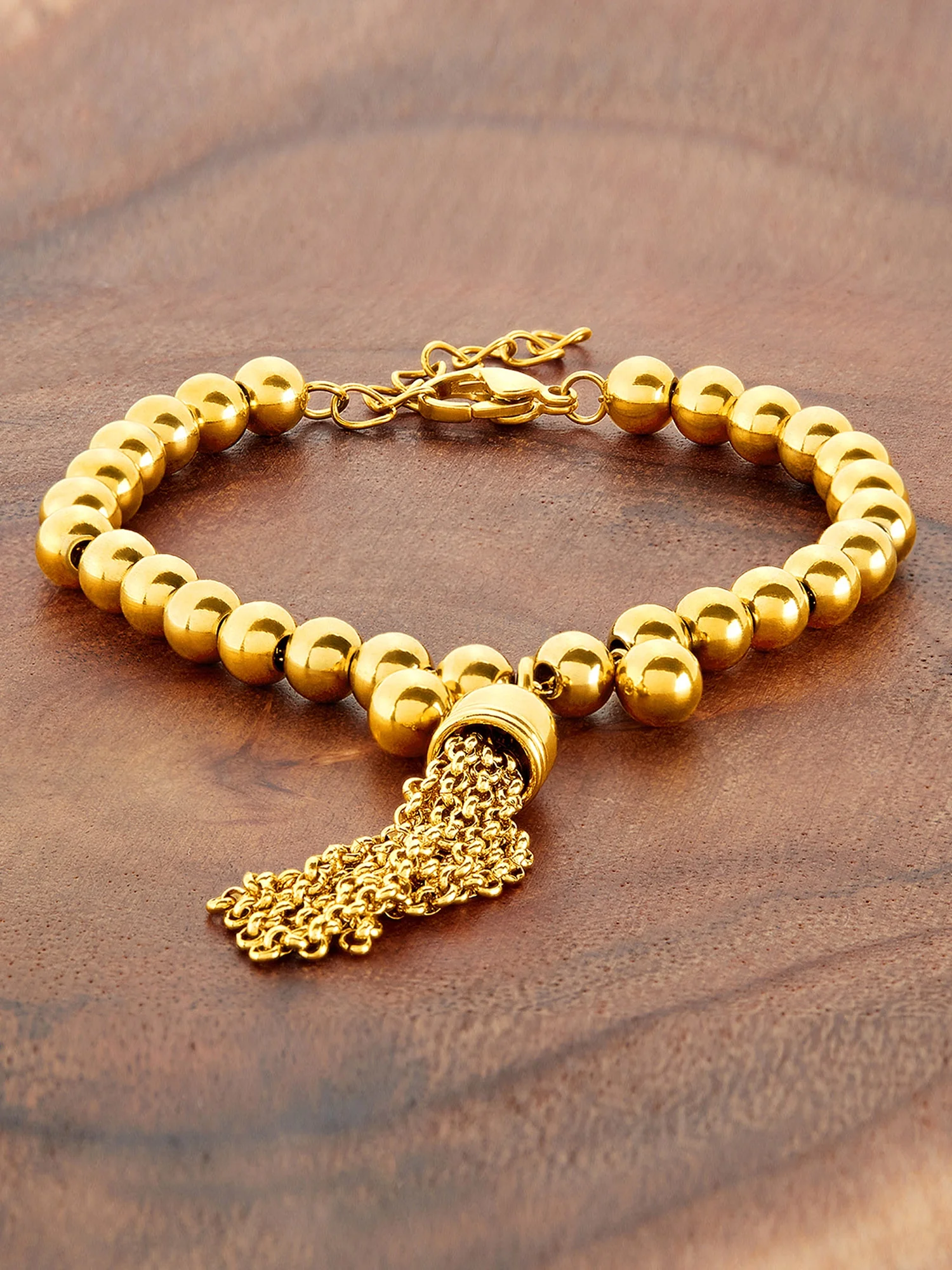 Gold Plated Tassel Beaded Stainless Steel Bracelet (6mm) - 6.5