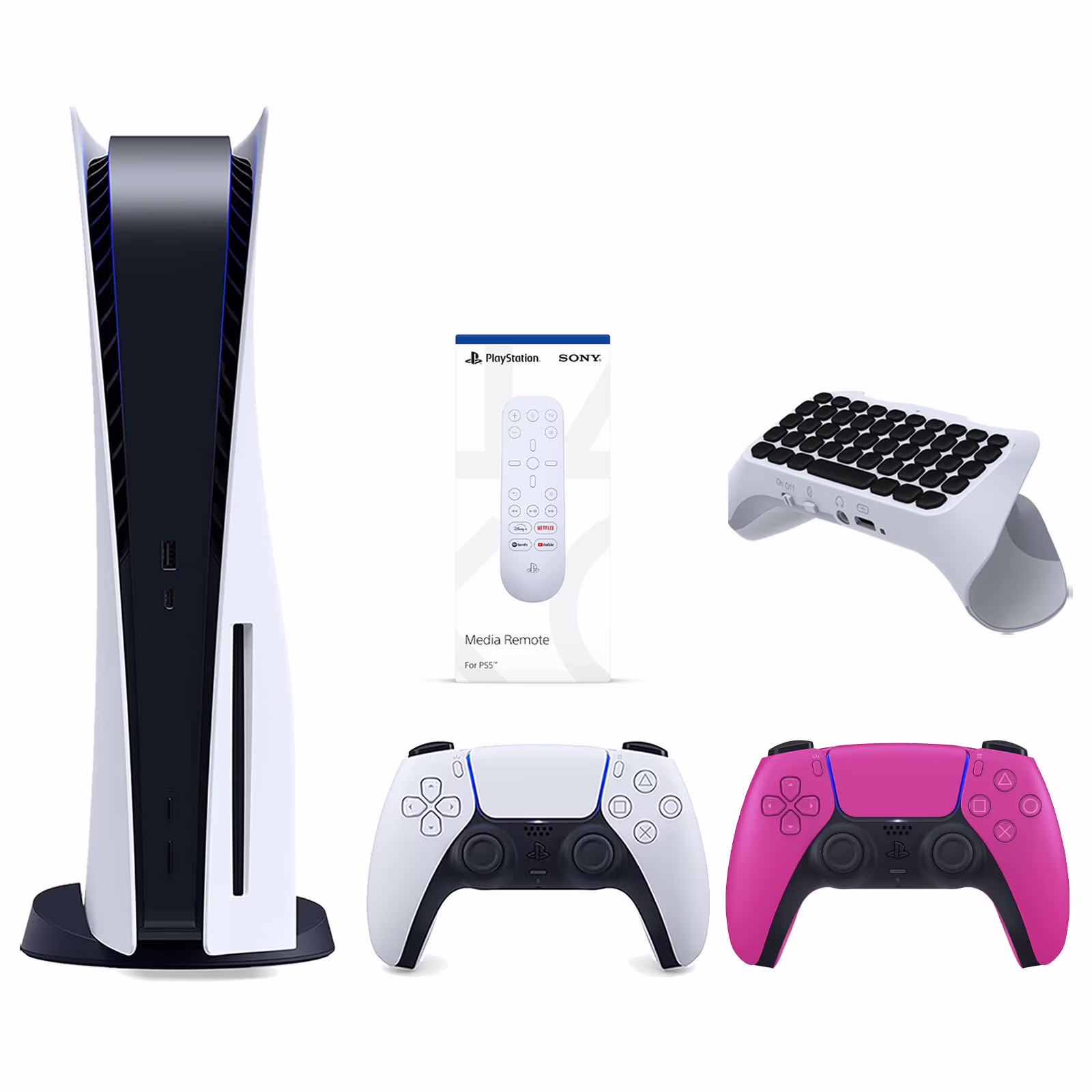 Sony Playstation 5 Disc Version Console with Extra Pink Controller, Media Remote and Surge QuickType 2.0 Wireless PS5 Controller Keypad Bundle