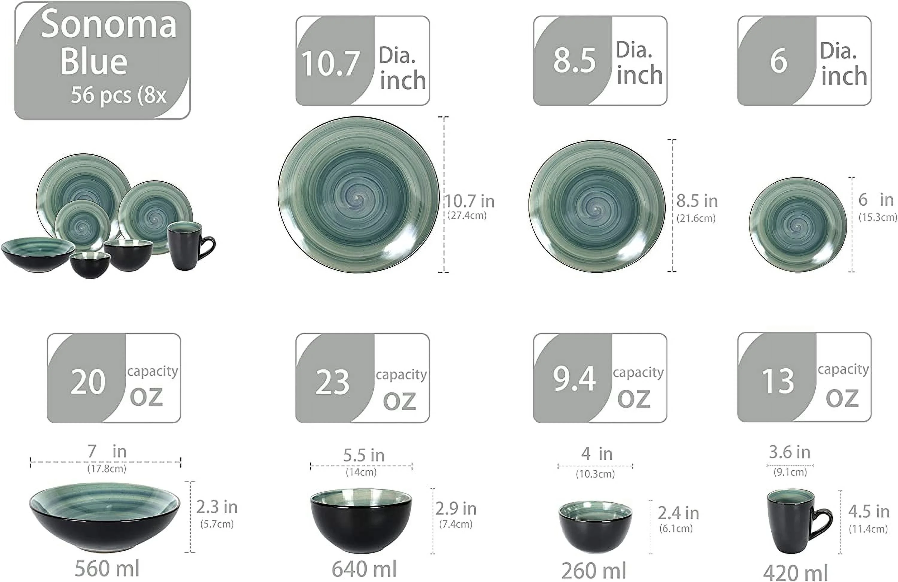 Stoneware Sonoma Dinnerware Set, Black + Speckled Spin Wash (56Pc Set, Mix Blue, Green, Red, Yellow)