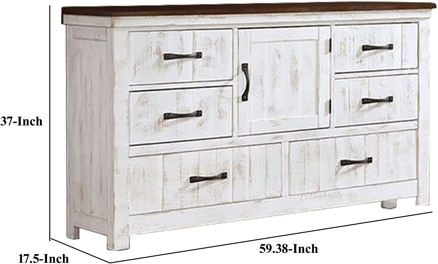 Dresser with Plank Design 6 Drawers and Contrasting Top, White and Brown