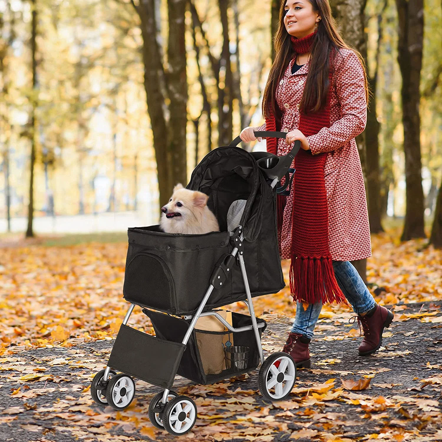 Pet Stroller, 4 Wheel Dog Stroller for Small Medium Dogs & Cats, Easy to Walk Foldable Carrier Strolling Cart with Storage Basket and Cup Holder