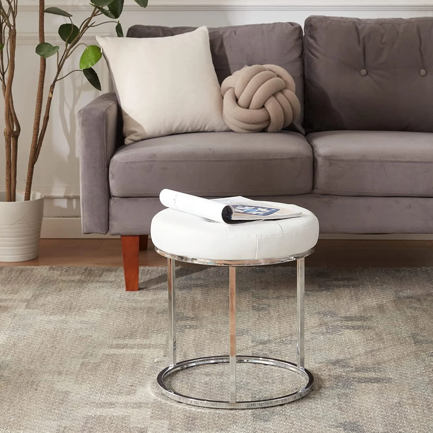 Duhome Leather Vanity Stool Chair Tufted Ottoman Footstool with Metal Base Small Bench Stool for Makeup Room Living Room Bedroom, White