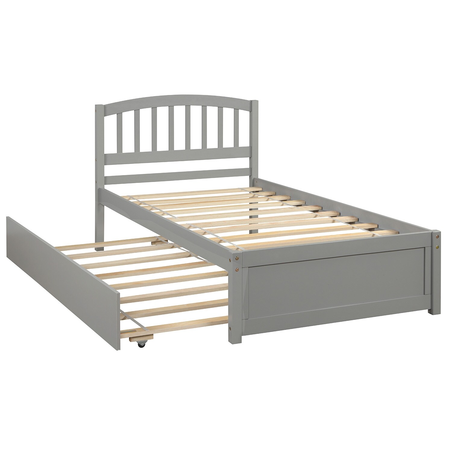 Gray Elegant Design Twin Size Platform Bed Wood Bed Frame with Trundle Maximize Space Savings, No Box Spring Required