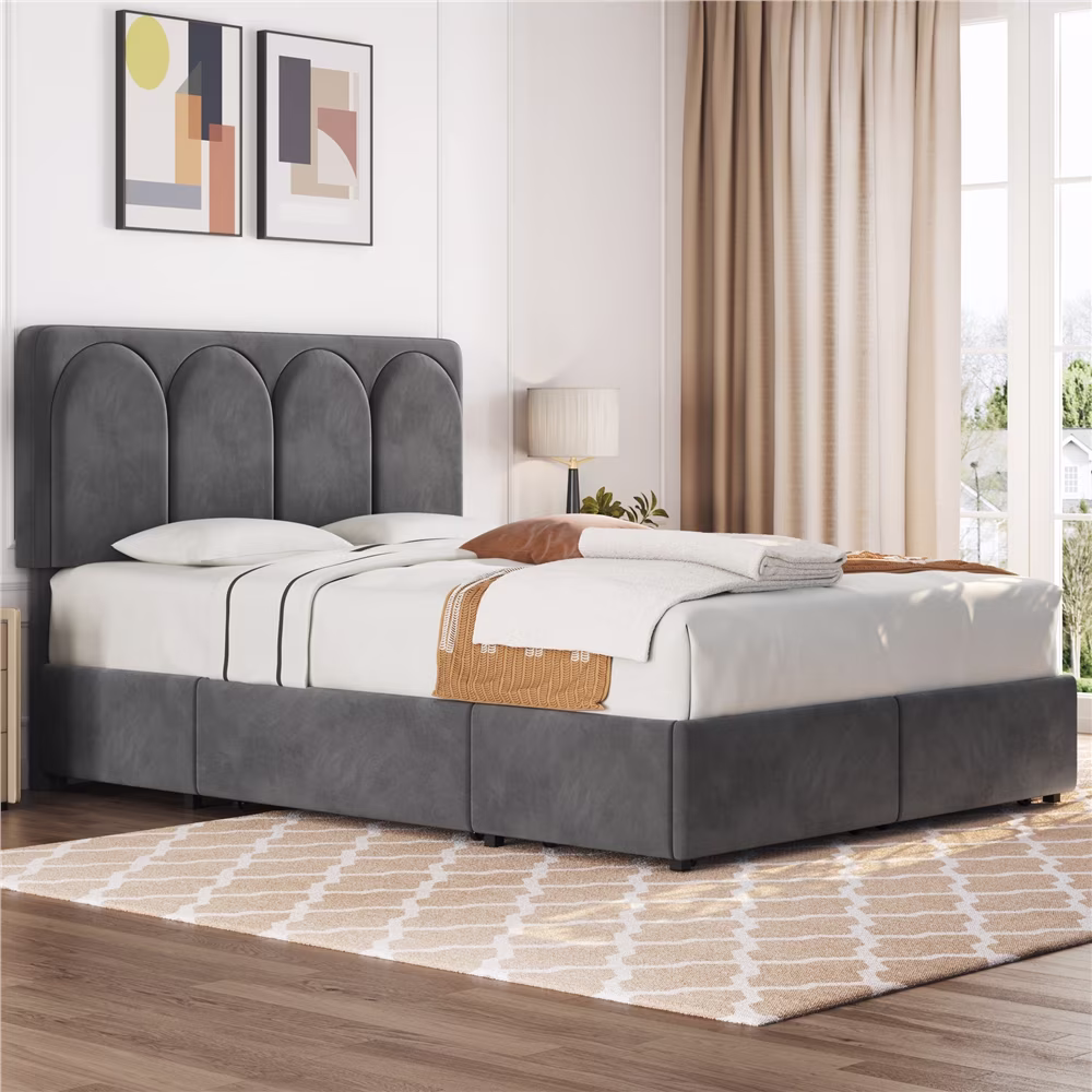 Easyfashion Upholstered Queen Bed Frame with Adjustable Headboard and 4 Drawers Storage,Dark Gray