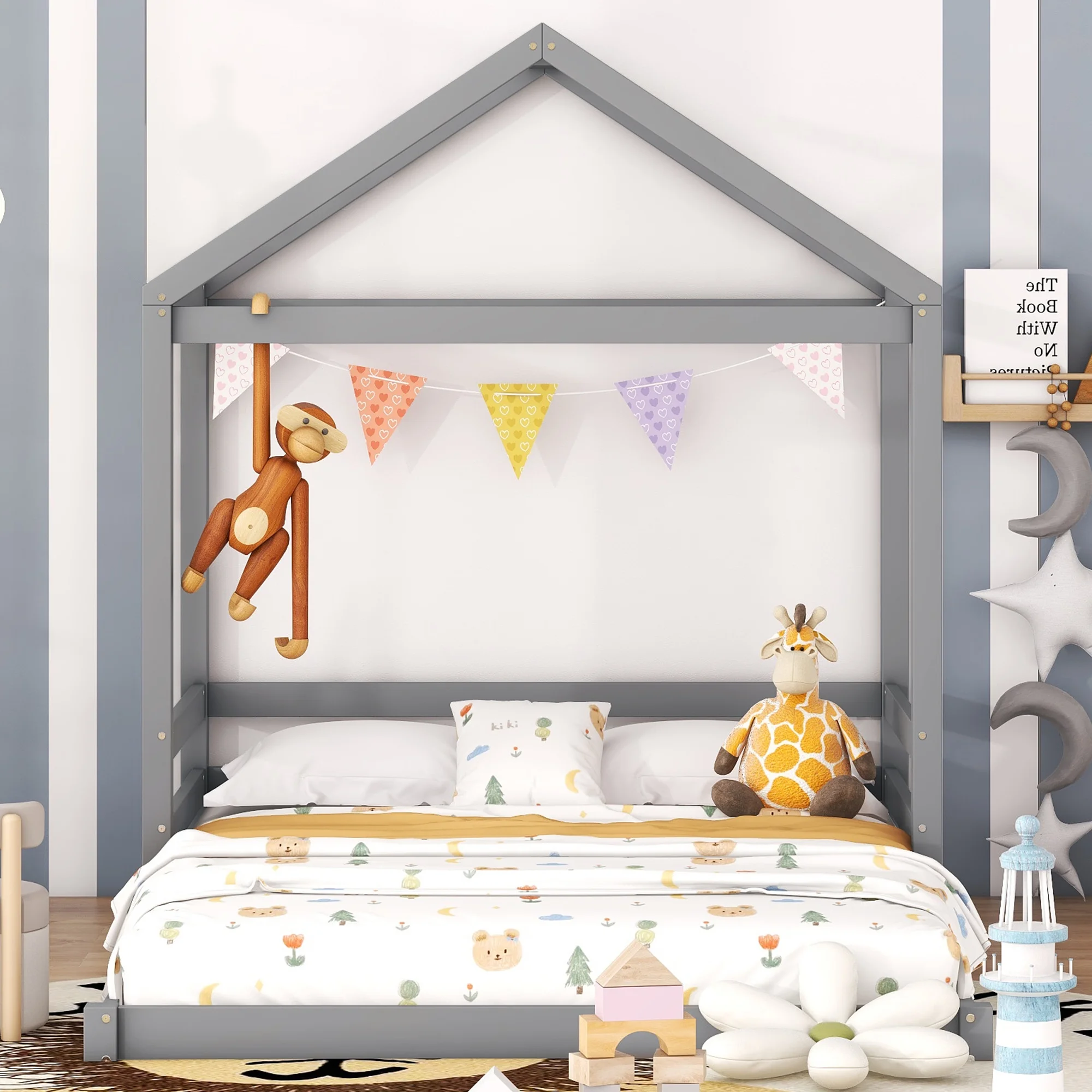 Euroco Wood Full Size House Bed with Roof, Floor Platform Bed with Guardrails for Bedroom, Gray