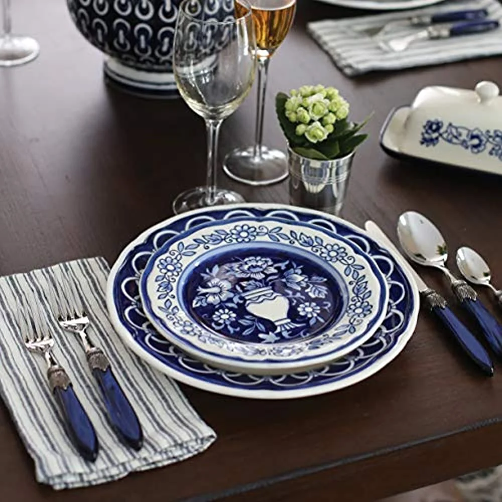 Euro Ceramica BGN-1001-DS Blue Garden Dinnerware Set, 16Piece, White