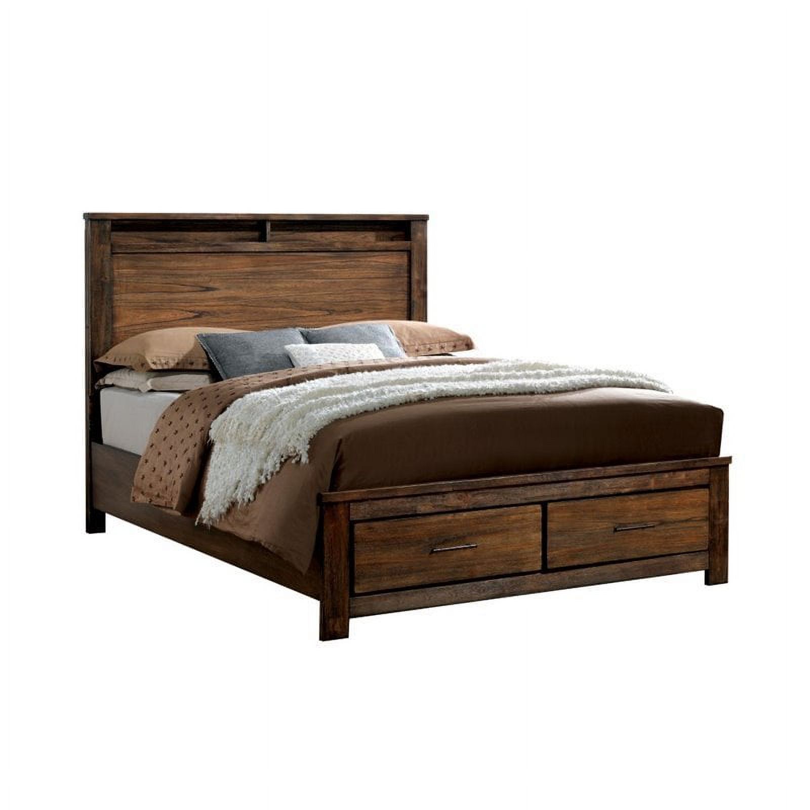 Pemberly Row Farmhouse Wood Queen Platform Panel Storage Bed in Oak