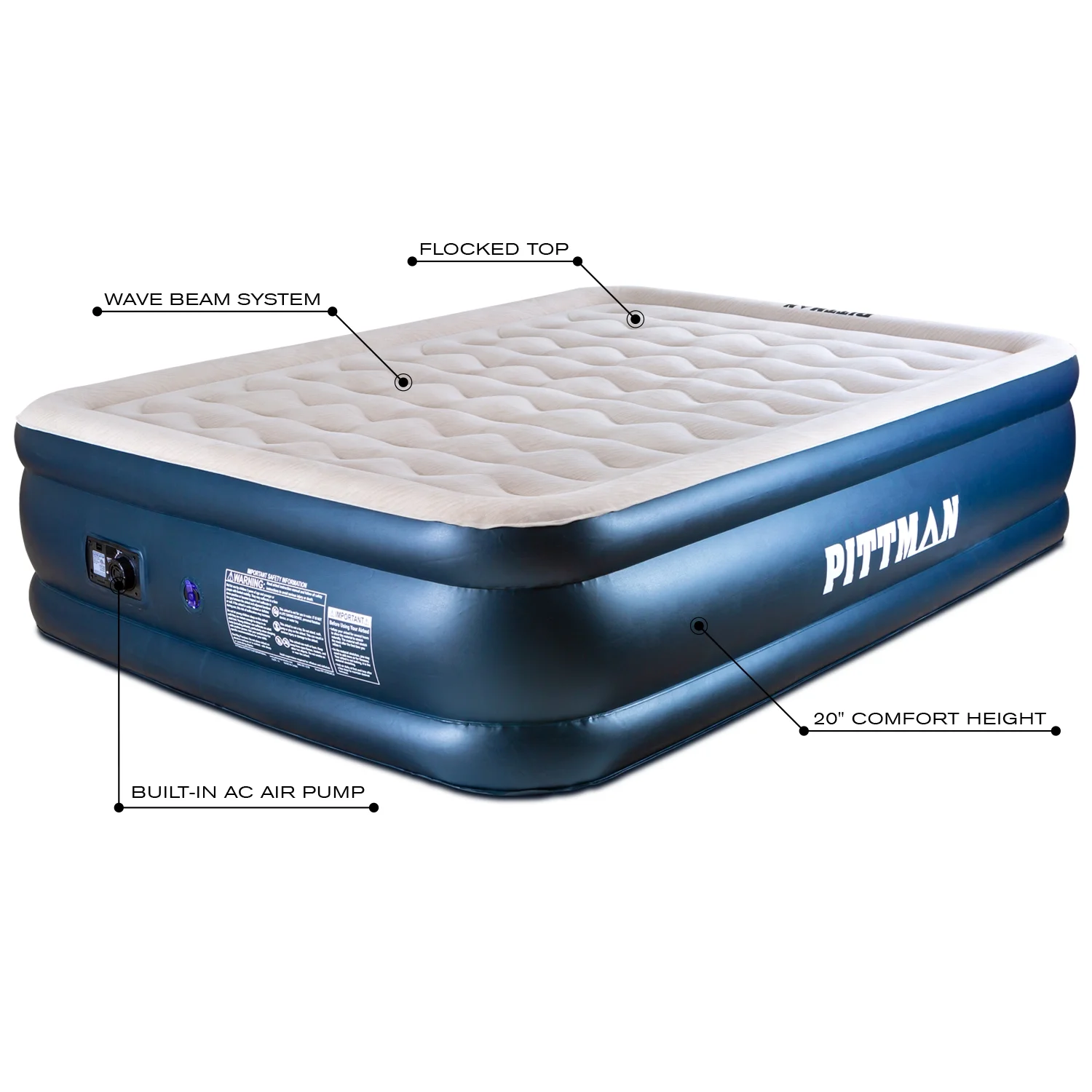 Pittman Queen Deluxe Never Leak Wave Beam Double High Air Mattress with Built-in Electric Pump