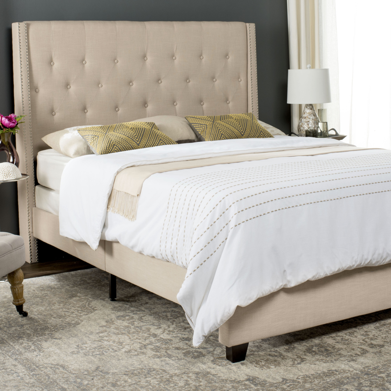 SAFAVIEH Winslet Modern Tufted Upholstered Bed Frame with Nail Heads, Twin Light Beige