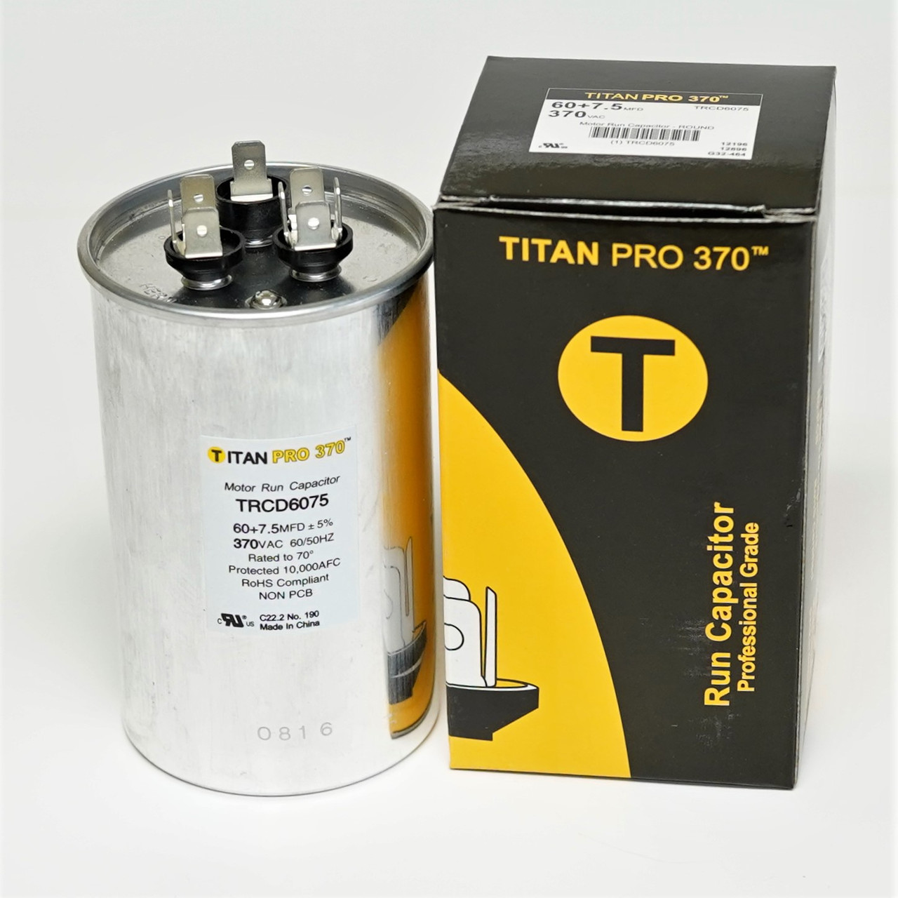 TitanPro 60\/7.5-370R TitanPro TRCD6075 HVAC Round Dual Motor Run Capacitor. 60/7.5 MFD/UF 370 Volts