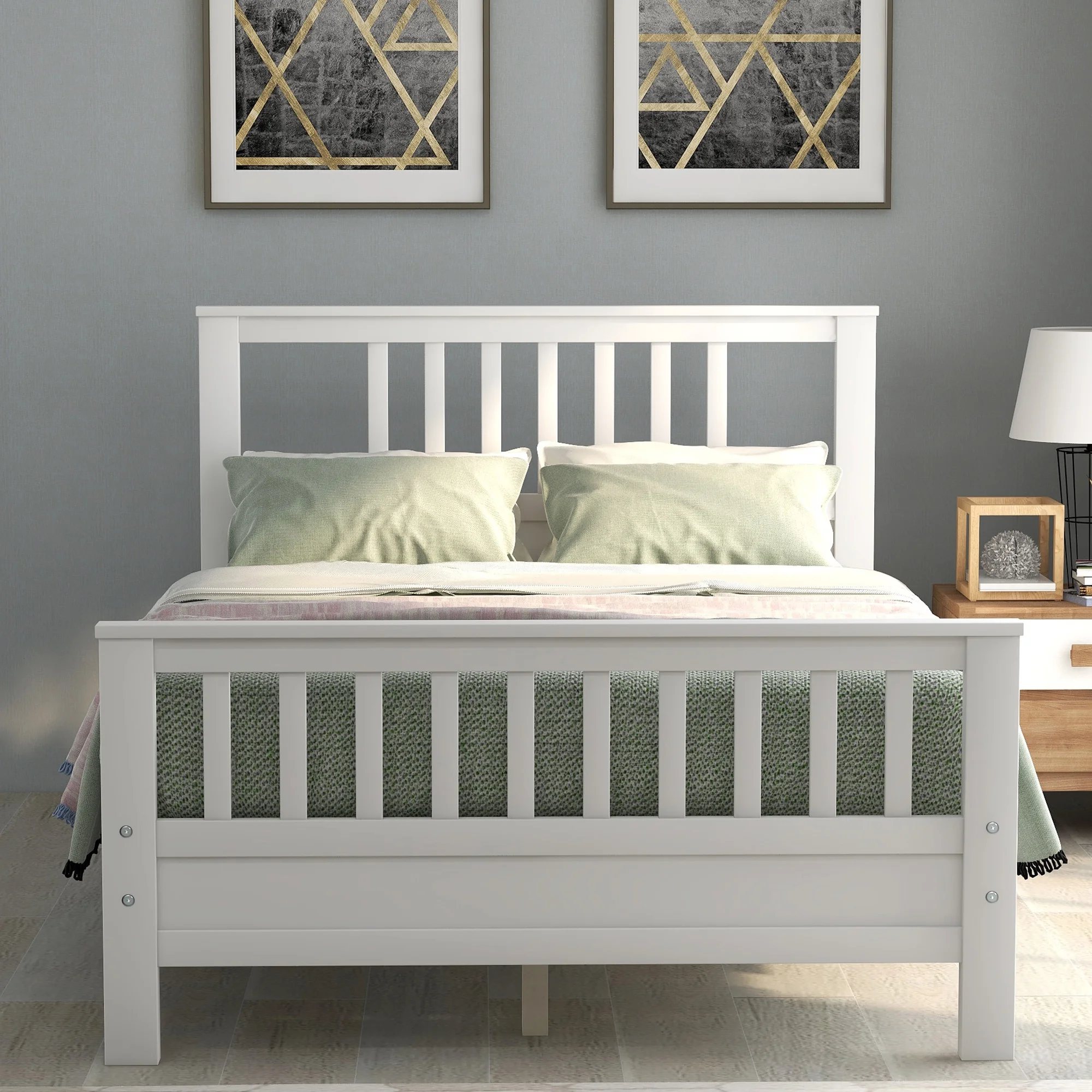 Nestfair White Full Wood Platform Bed with Headboard and Footboard