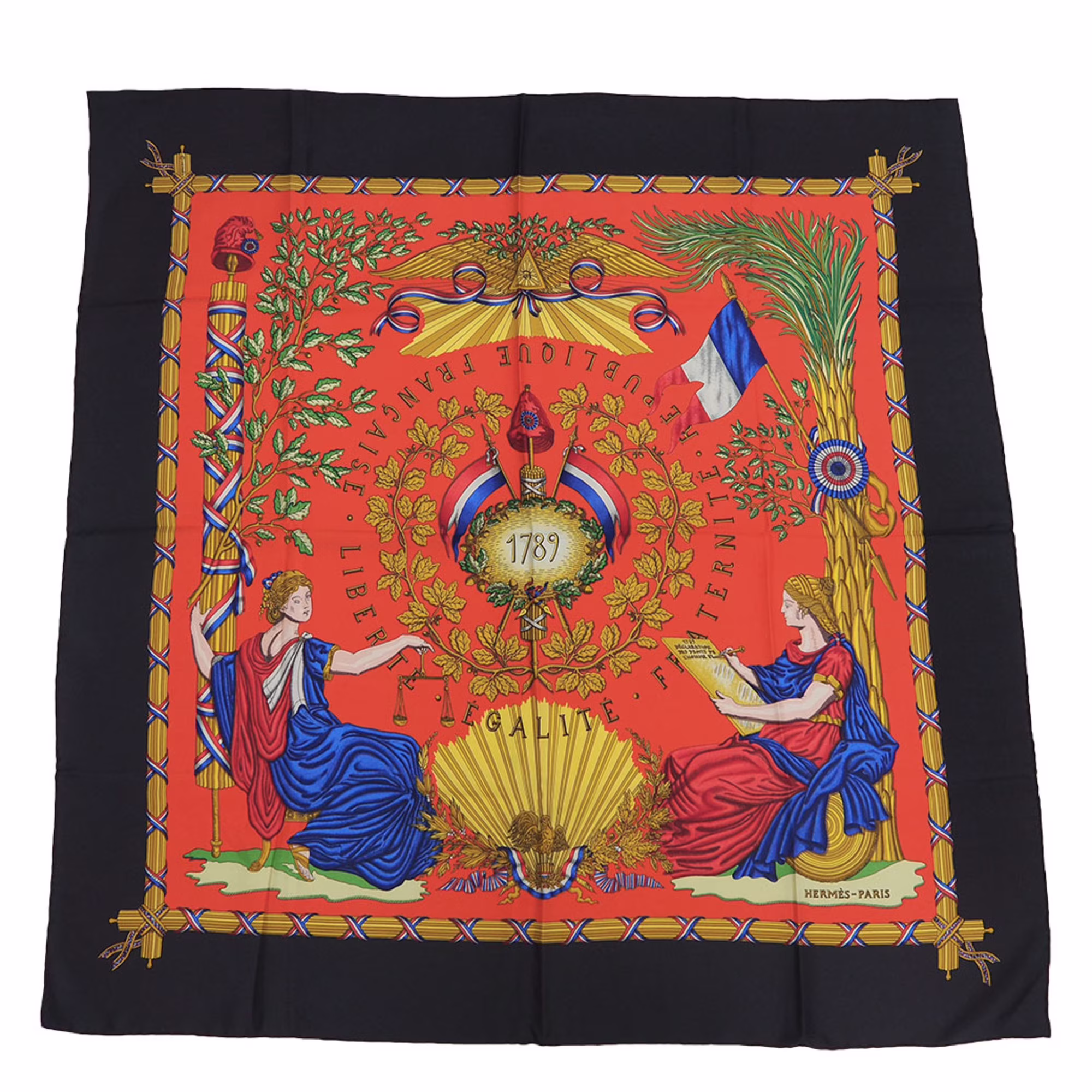 Pre-Owned HERMES Hermes Carre 90 LIBERTE EGALITE FRATERNITE REPUBLIQUE FRANCAISE 1789 Black x Orange Scarf Muffler (Like New)