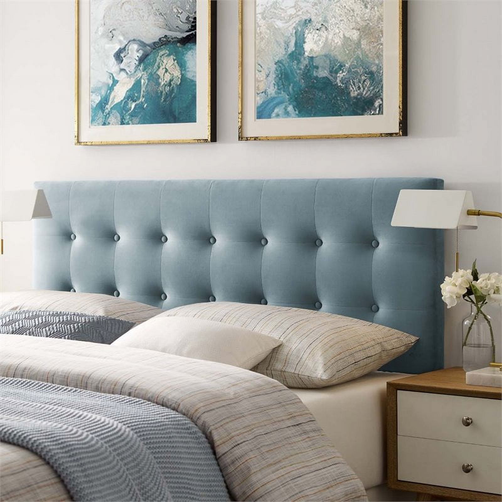 Pemberly Row Modern Fabric Biscuit Tufted Velvet Queen Headboard in Light Blue