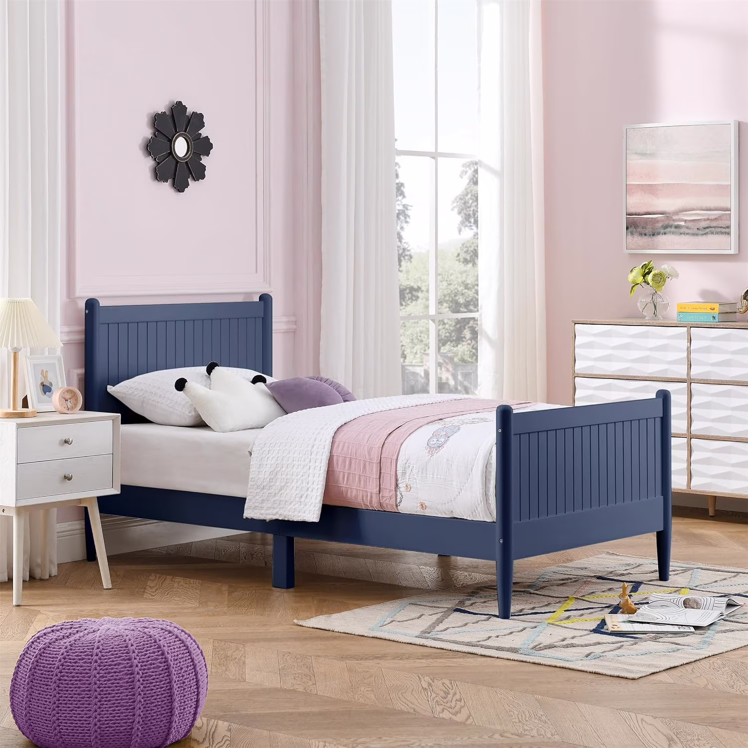 Wooden Bed Frame With Headboard & Footboard Designed With Classic Finials, Beadboard Paneling And Lathe-Turned Feet，No Box Spring Needed (Blue)