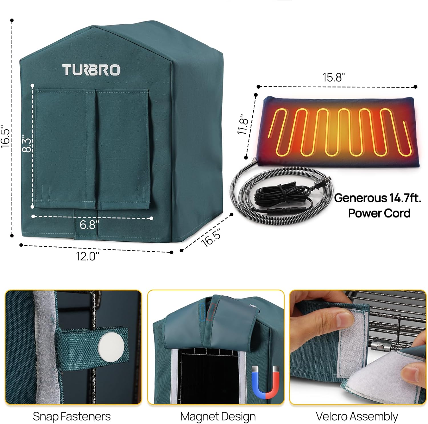 TURBRO Elevated Heated Cat House, Insulated, Weatherproof Shelter for Feral and Outdoor Cats, Self-Adhesive Door Flaps, Heating Pad Bed with 14.7ft Anti-Bite Cord, UL Test Passed, Blue