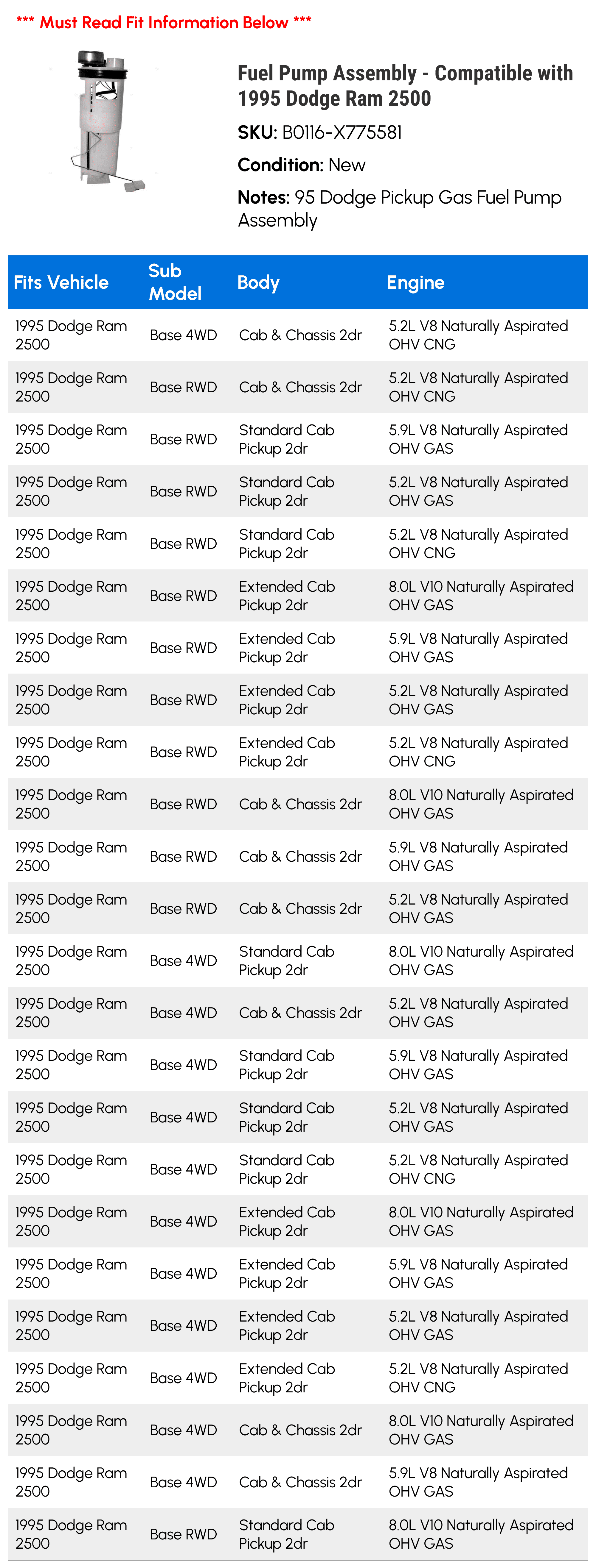 Fuel Pump Assembly - Compatible with 1995 Dodge Ram 2500