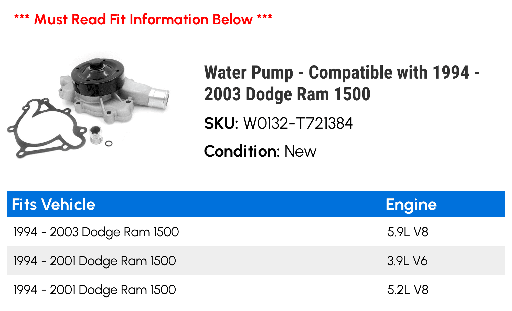Water Pump - Compatible with 1994 - 2003 Dodge Ram 1500 1995 1996 1997 1998 1999 2000 2001 2002
