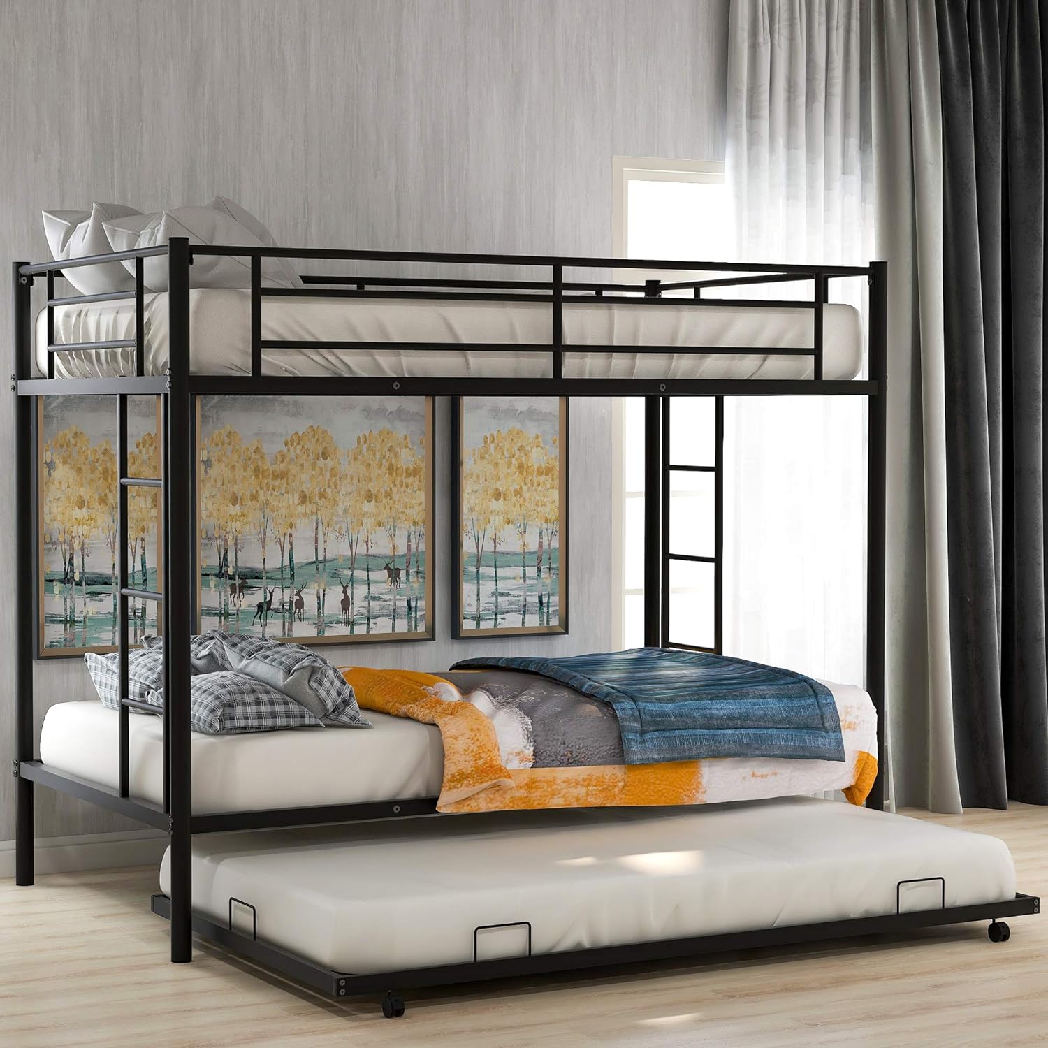 Trundle Bunk Beds , Metal Bunk Bed Over With Trundle, Pull-Out Trundle Bunk Beds For Teens, Dormitory, Black
