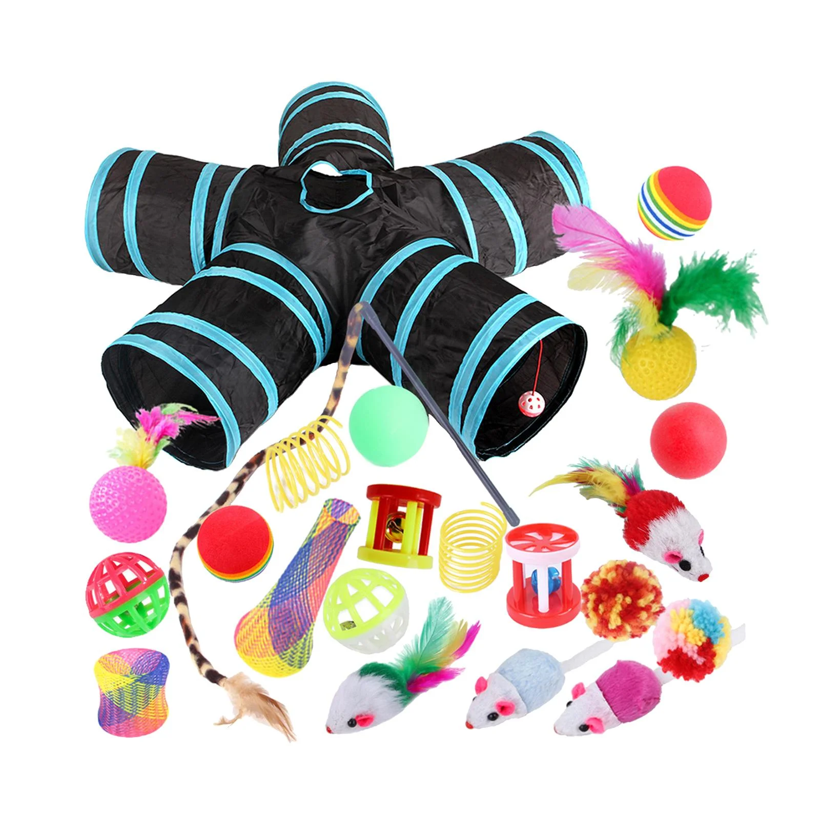 22 piece Interactive Cat Toy Sets,Collapsible Cat Tunnels for Indoor Cats, Feather Teaser Crinkle Balls Spring Toy Catnip Fish for Cats , B99504