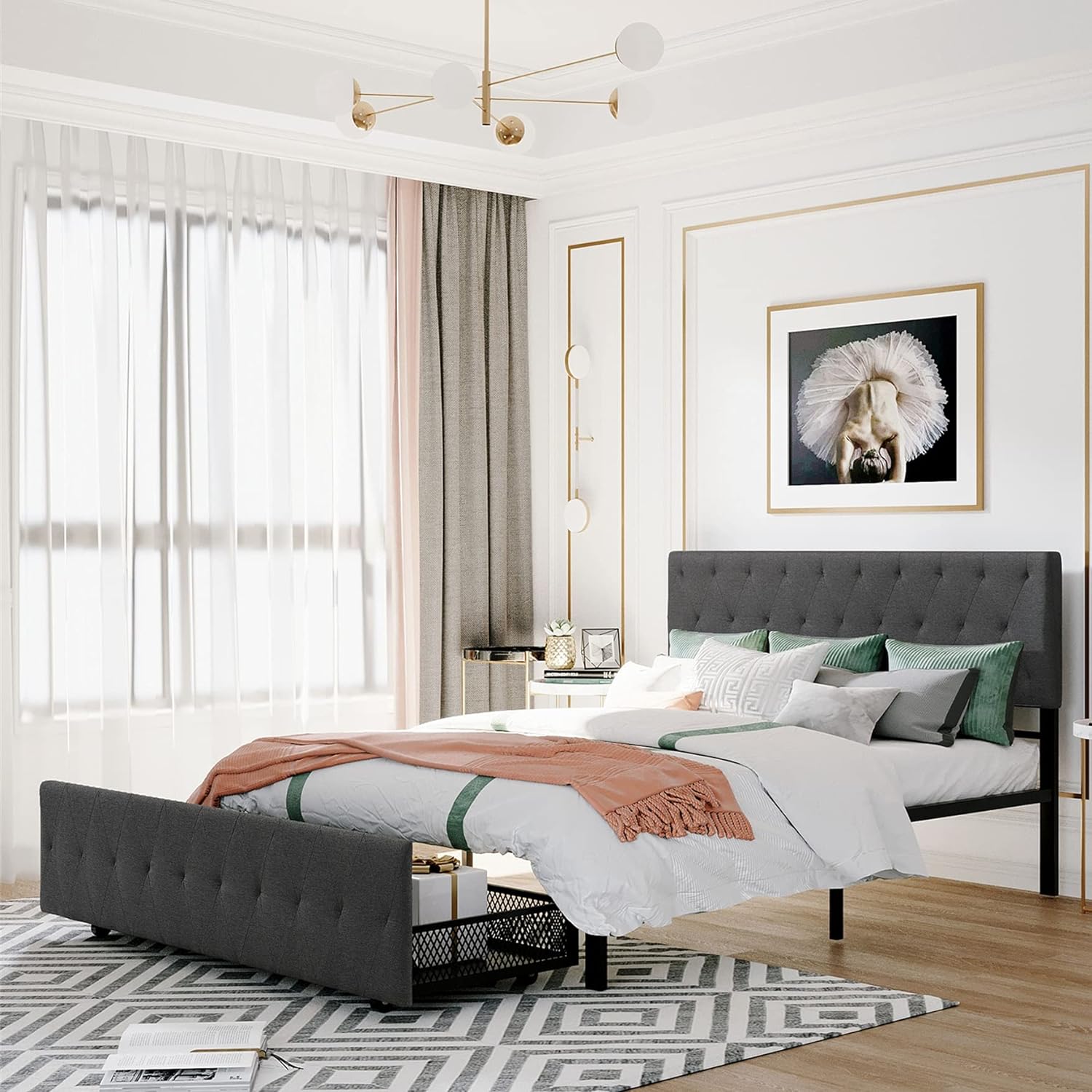 Queen Bed Frame With Drawers, Queen Size Bed Frame With Storage, Metal Queen Platform Bed With Tufted Headboard And Footboard, No Box Spring Needed,Gray