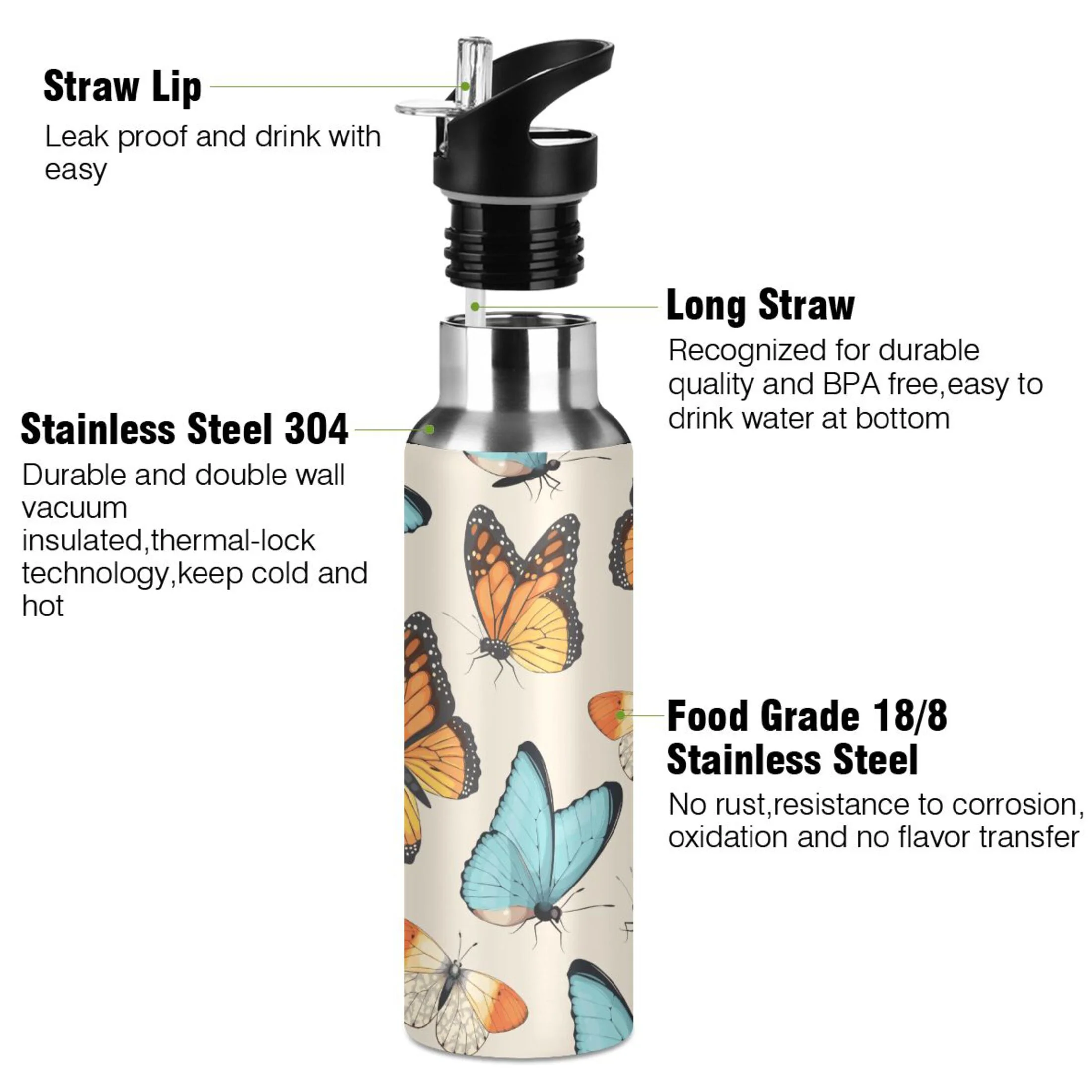 Butterfly Flying Water Bottles Insulated Thermos Kids Stainless Steel Bottle with Straw Lid Flask Leakproof for Sports Gym 20 oz