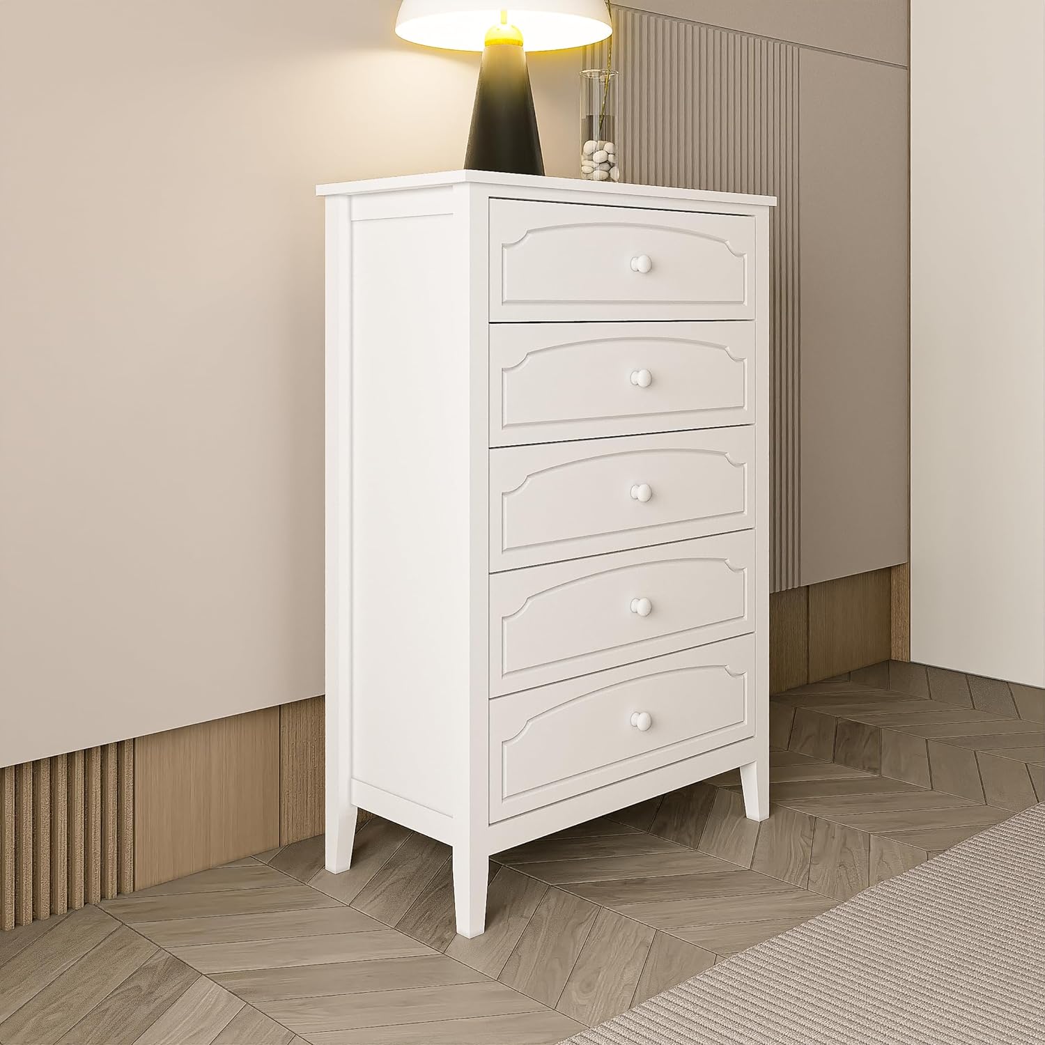 CQSXDA 5 Drawers Chest Dresser - Contemporary White Wood Bedroom Storage Furniture with Mid Century Design - Modern Living Room Dresser & Entryway Furniture