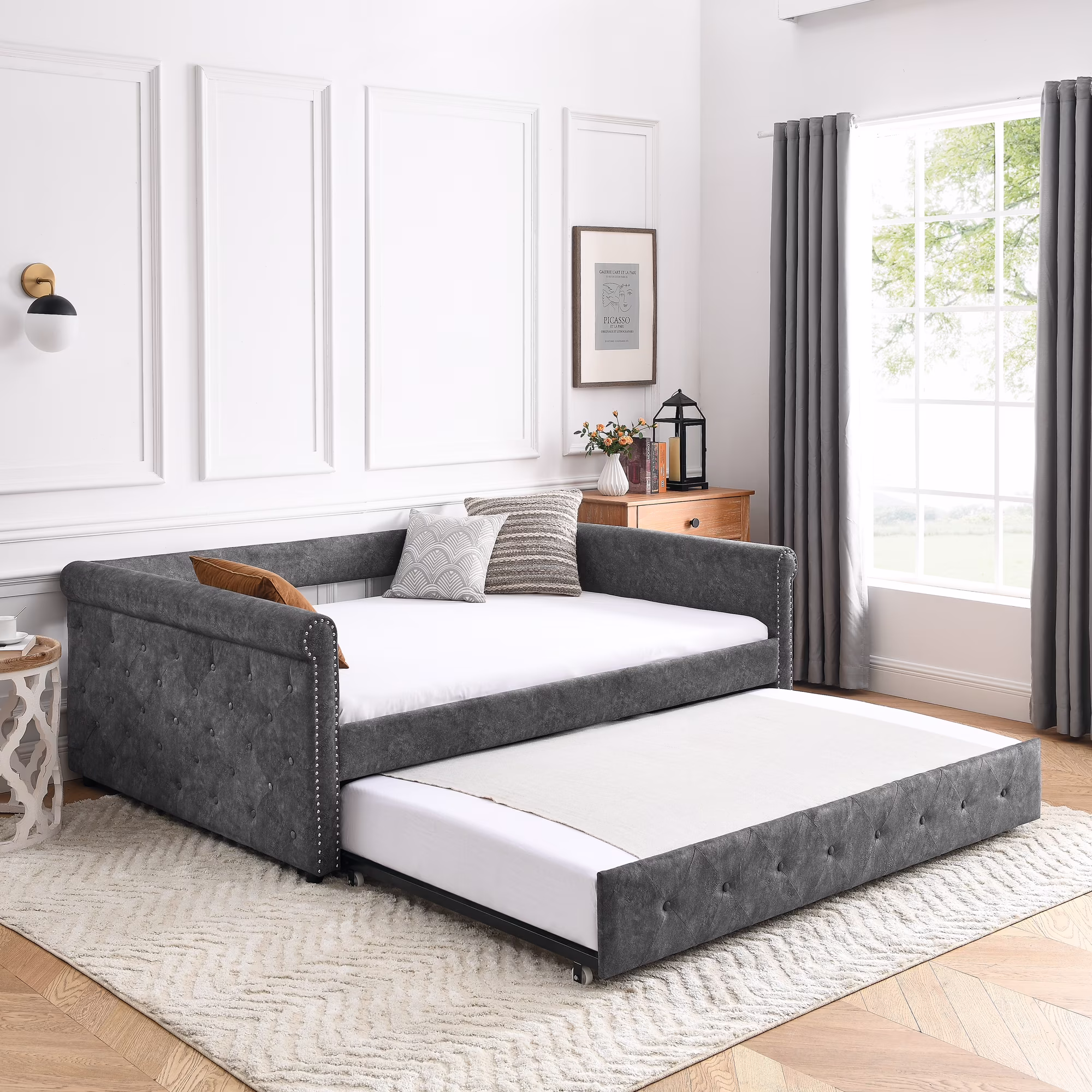 CoSoTower Daybed With Trundle Upholstered Tufted Sofa Bed, With Button And Copper Nail On Arms, Full Daybed & Twin Trundle, Grey, 85.5“X57”X30.5“