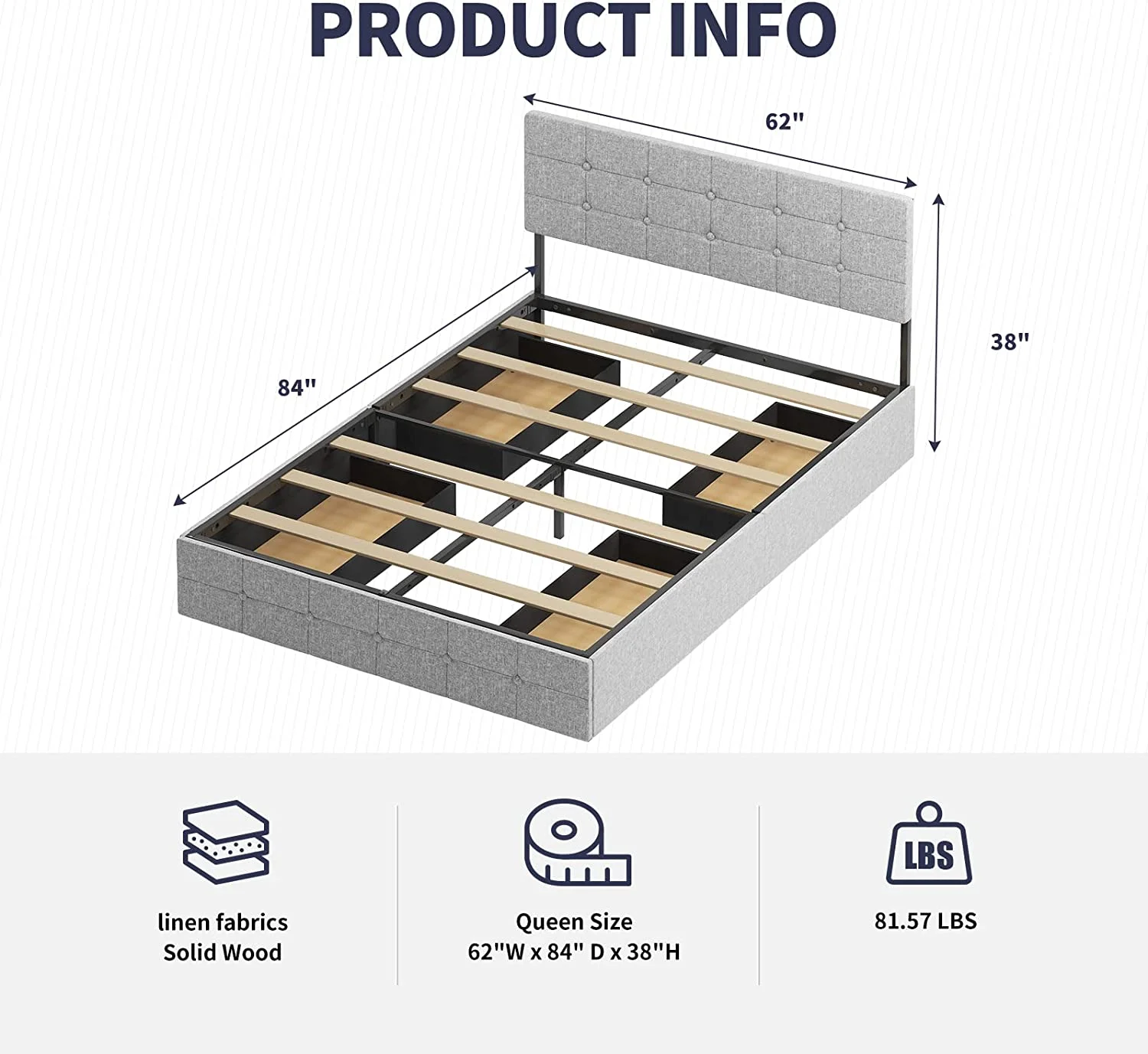 ZAFLY Queen Platform Bed Frame with 4 Storage Drawers,Queen Size Bed Frame with Linen Fabric Headboard,Square Stitched Button Tufted Design,Wooden Slats Support,No Box Spring Needed,Light Grey