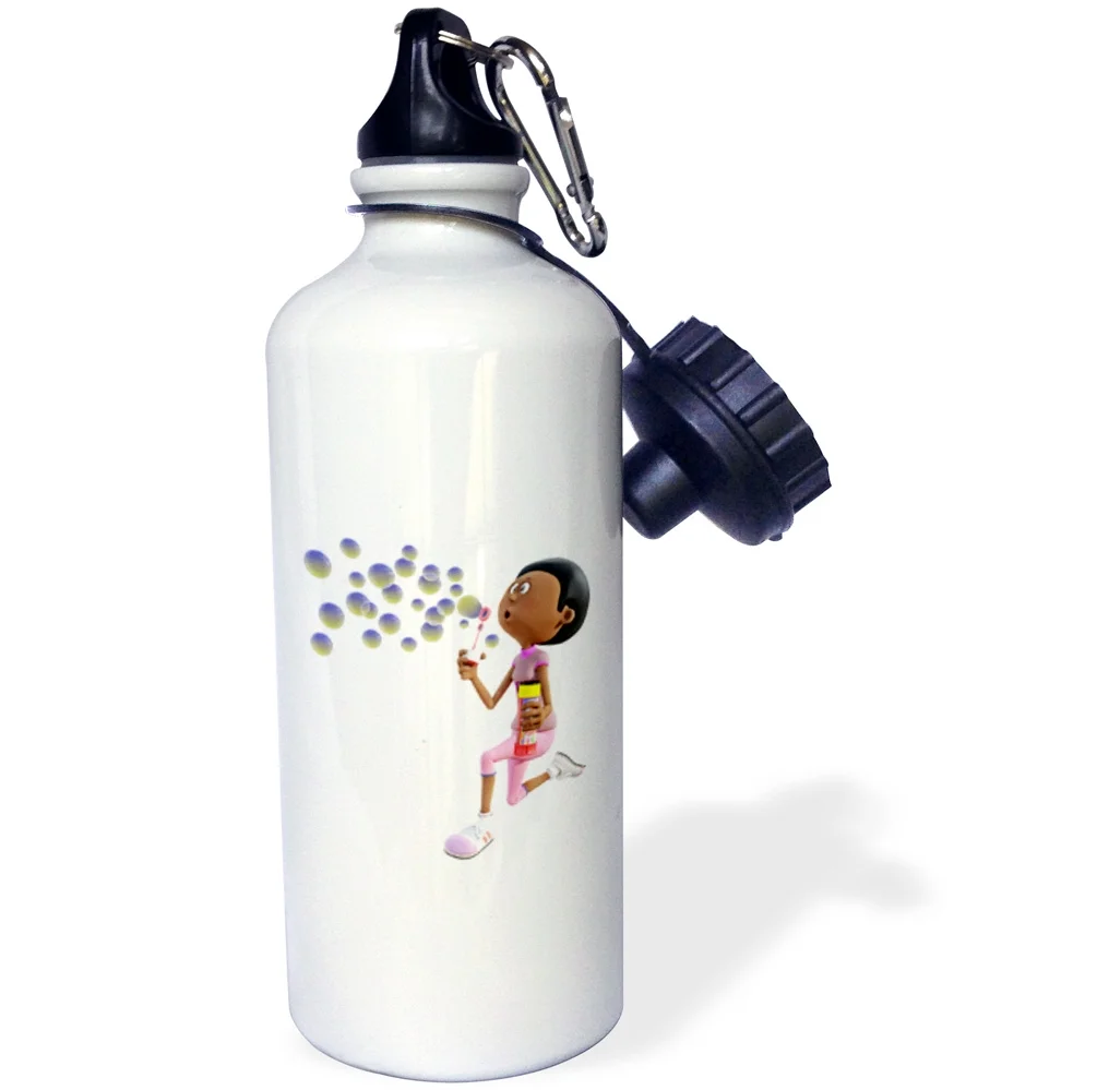 3dRose Young African American Girl Blowing Bubbles - Straw Water Bottle, 21-ounce