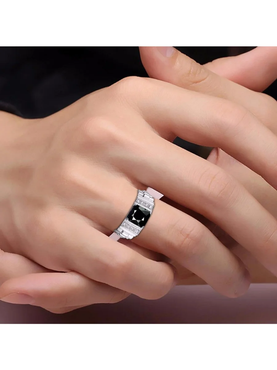 RYLOS Mens Rings Sterling Silver Designer Style 10X8MM Emerald Cut Shape Gemstone & Genuine Sparkling Diamonds Onyx October Birthstone Rings For Men, Men's Rings, Silver Rings, Sizes 8,9,10,11,12,13