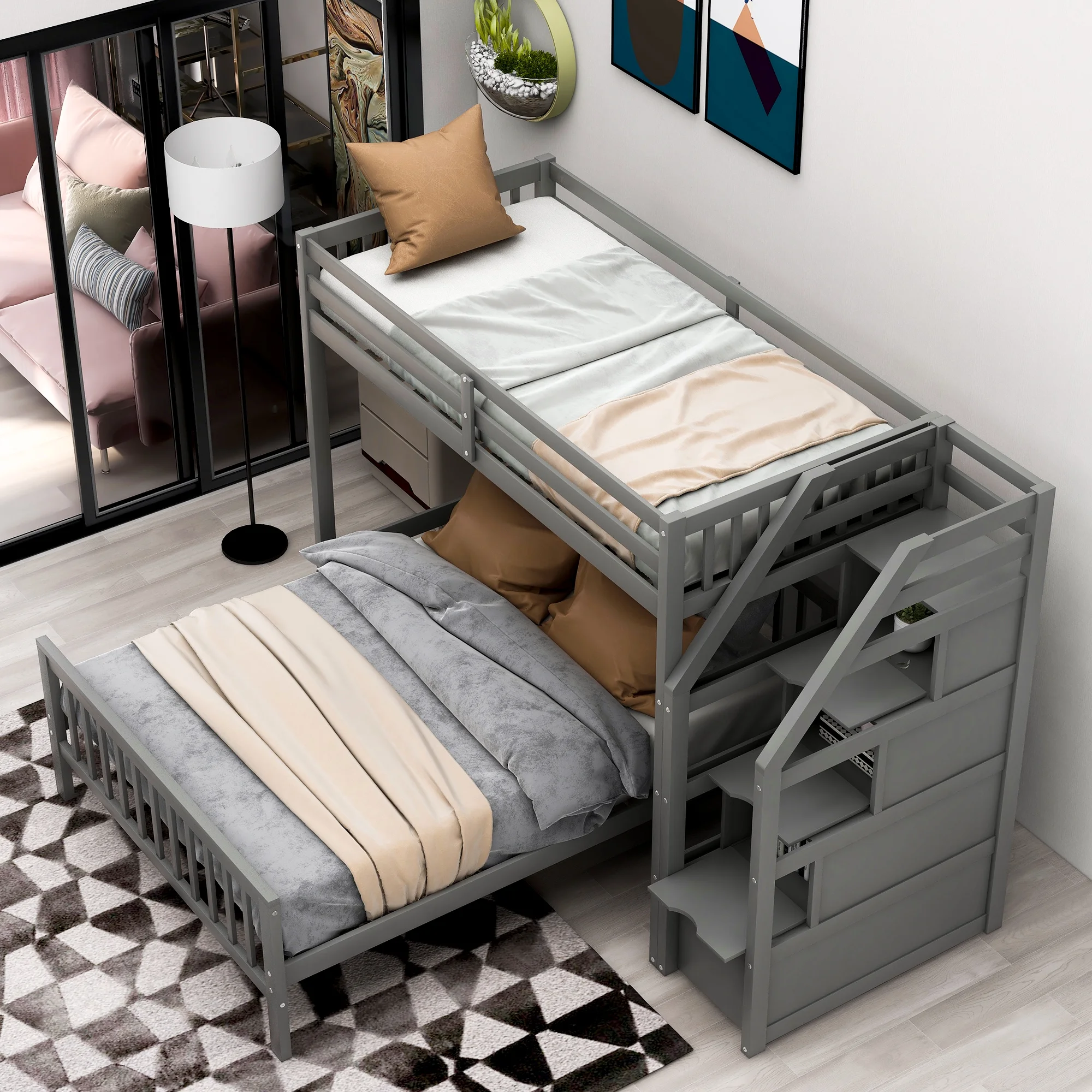 Twin Over Full Loft Bed for Kids Solid Wood Bed Frame with 3 Storage Drawers and Ladders