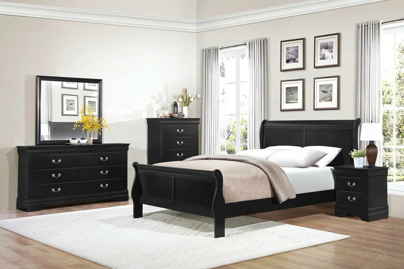 Classic Louis Philippe Style Bedroom 4pc Set Queen Bed Nightstand Dresser Mirror Traditional Black Finish Furniture