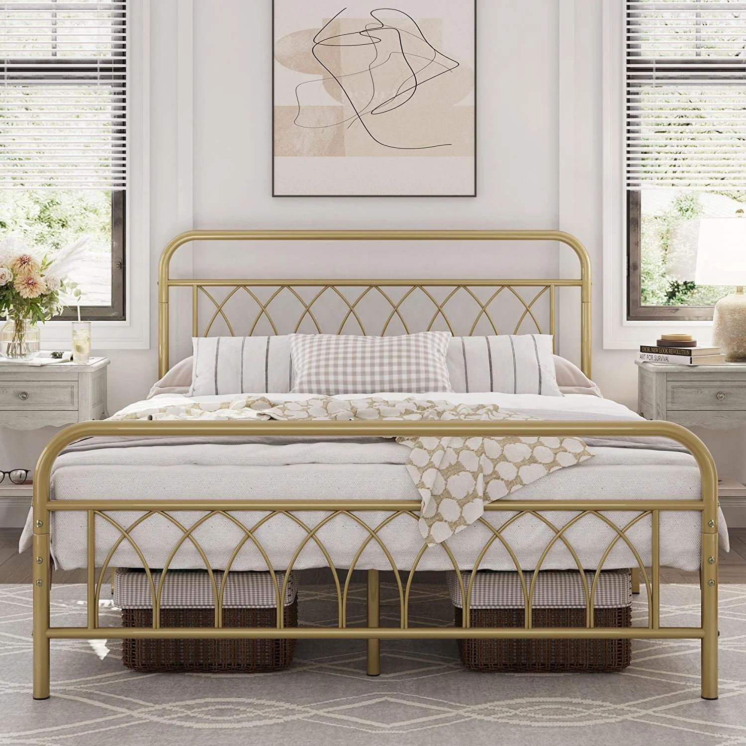 Queen Bed Frame Metal Platform Bed with Petal Accented Headboard/Footboard/14.4 Inch Under Bed Storage/No Box Spring Needed,Antique Gold