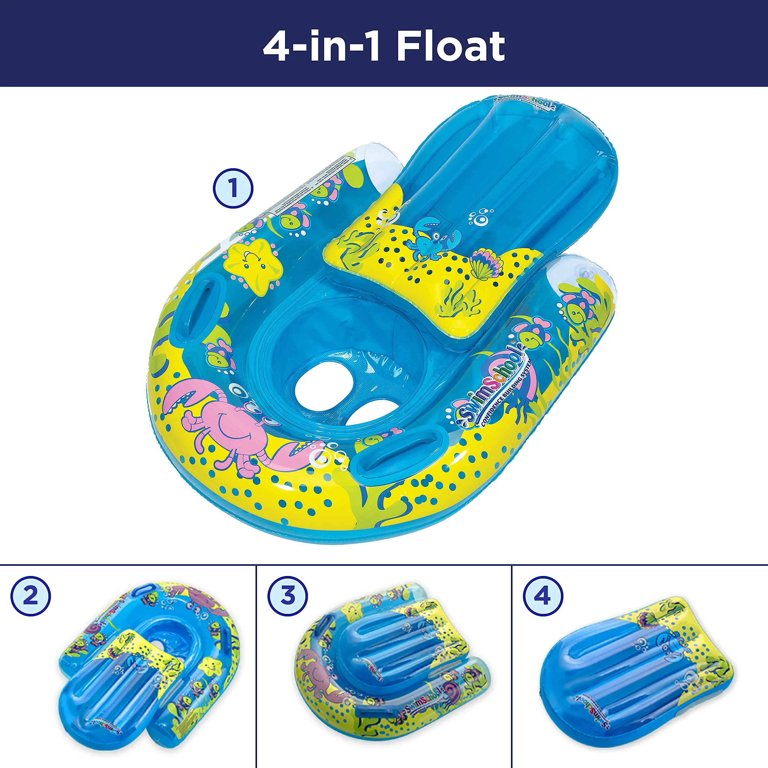 SwimSchool 4-in-1 Progressive Swim Training System, Baby Pool Float, Baby Boat, Cruiser, Kick Float, Kickboard, Safety Seat, 18 Months & Up Combo 4-in-1 Baby Boat, Cruiser, Kickboard