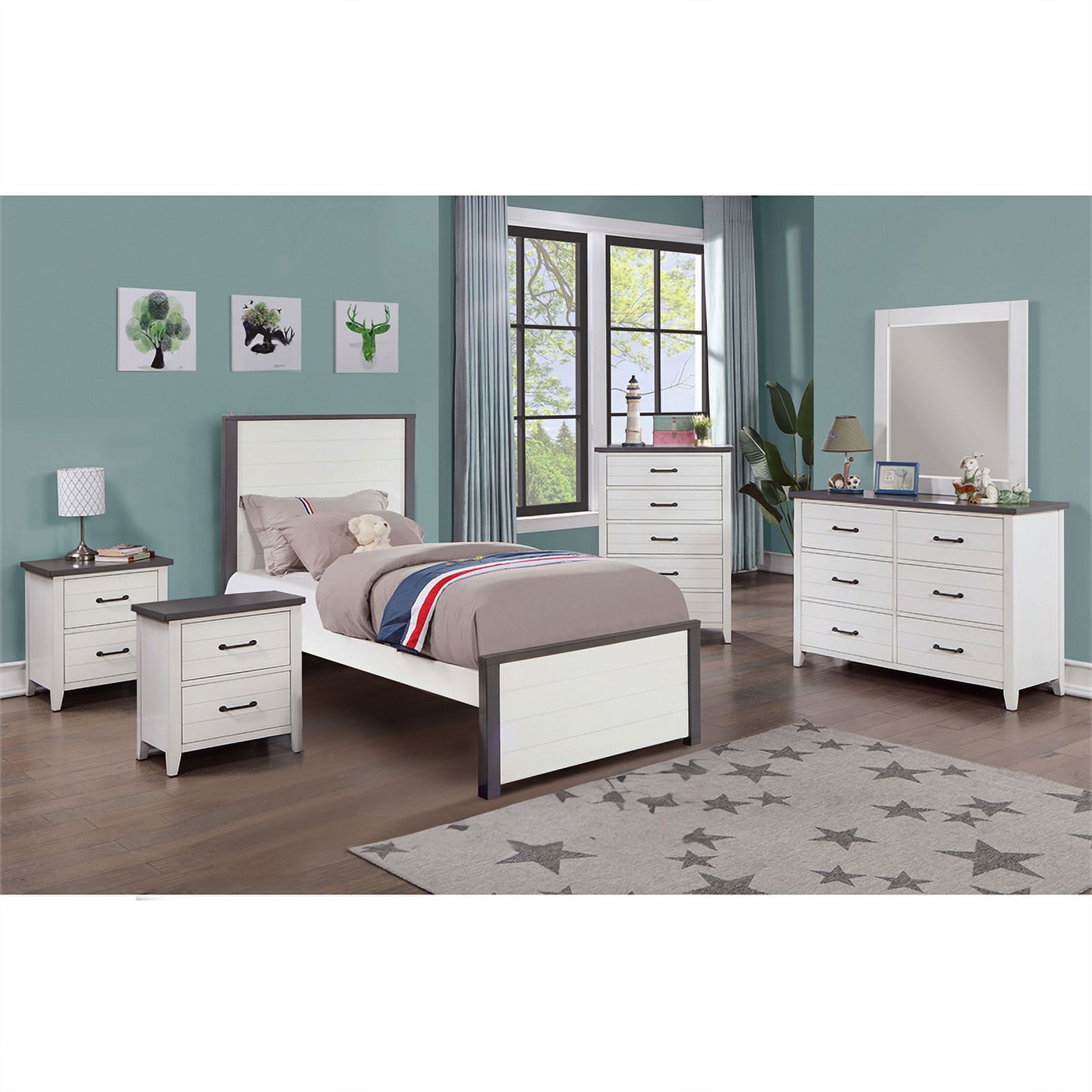 FOA Acres 6pc Wood White Bedroom Set - Full +2 Nightstands +Chest+Dresser+Mirror