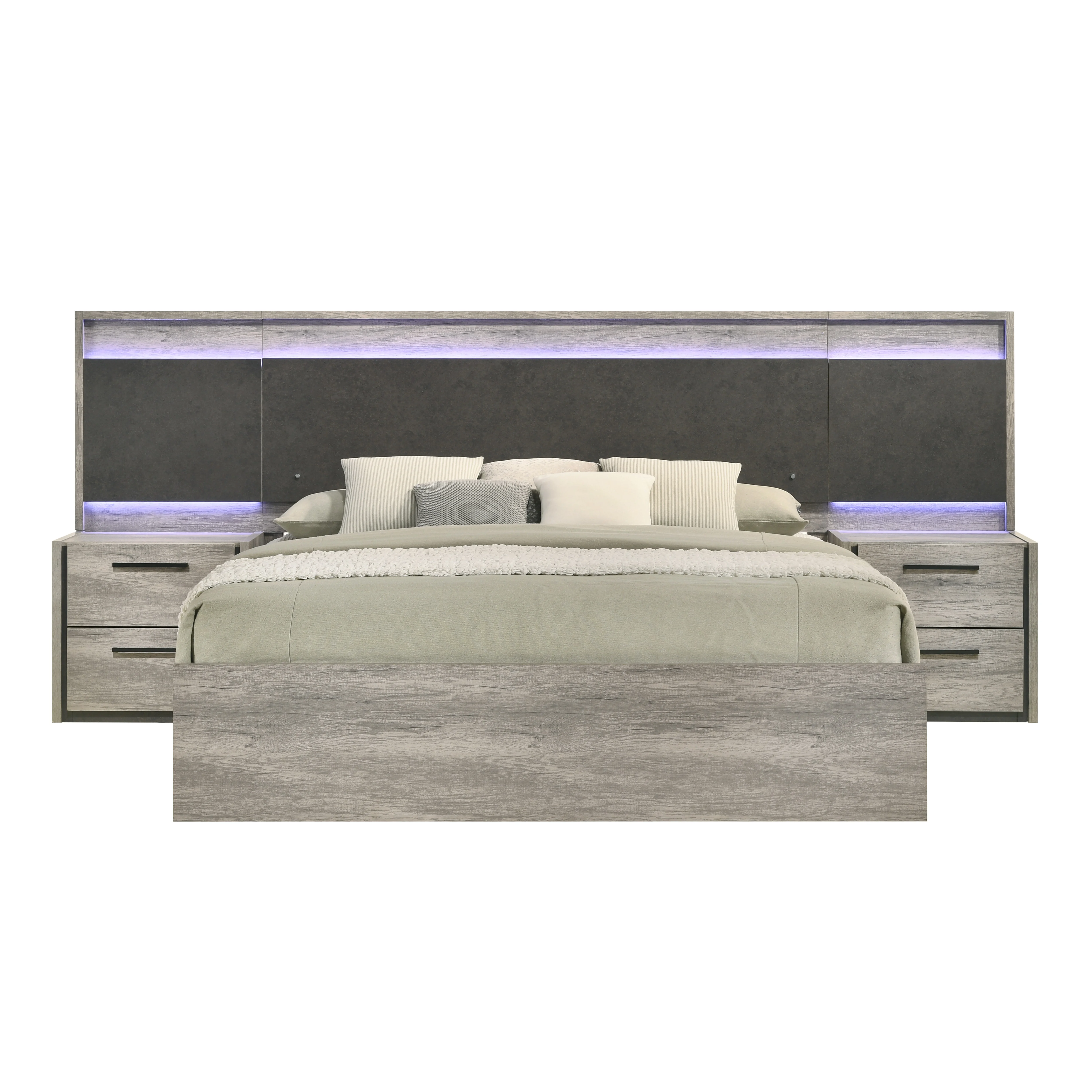 Roundhill Furniture Lenca King LED Wallbed with Nightstands, Dresser, and Mirror - Weathered Gray