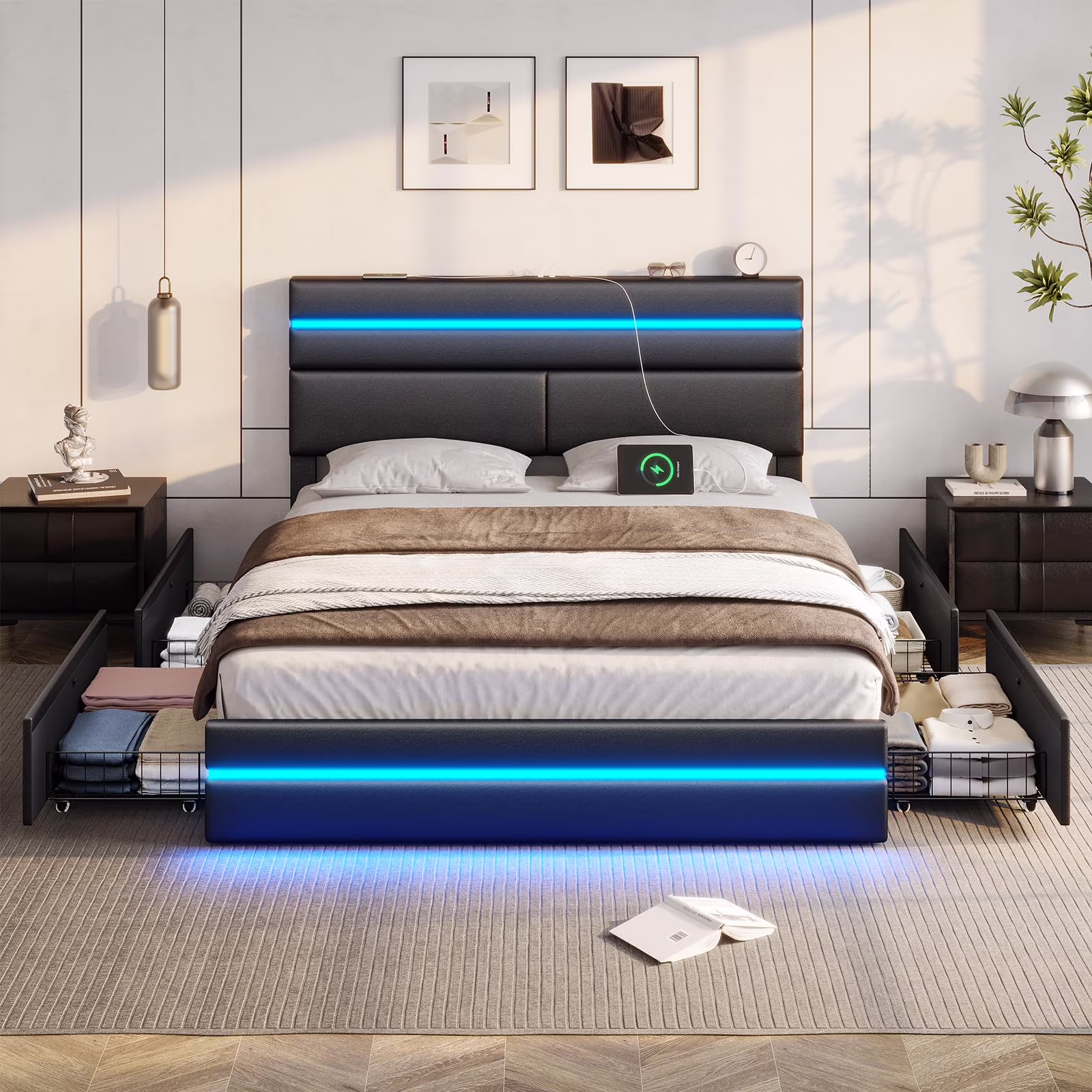 Full Size LED Platform Bed Frame with 4 Storage Drawers and 2 USB Ports, Modern Bed Frame with LED Lights, No Box Spring Needed, Black