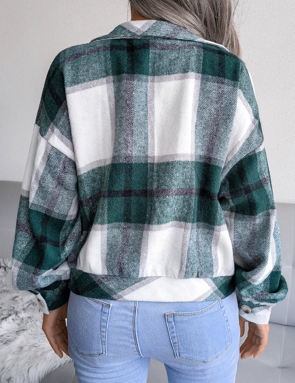 SEARIPE Women's Casual Plaid Fleece Crop Shirt Jacket Shacket Long Sleeve Button Lapel Jacket Coat with Pockets Green L