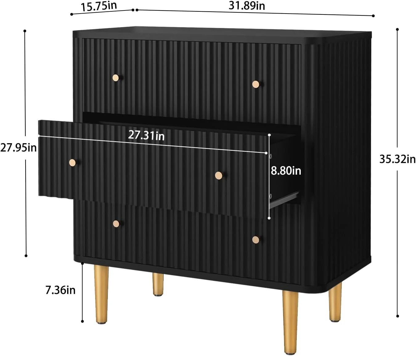 HLR 3 Drawer Dresser for Bedroom, Black Dressers & Chests of Drawers, Black and Gold Dresser