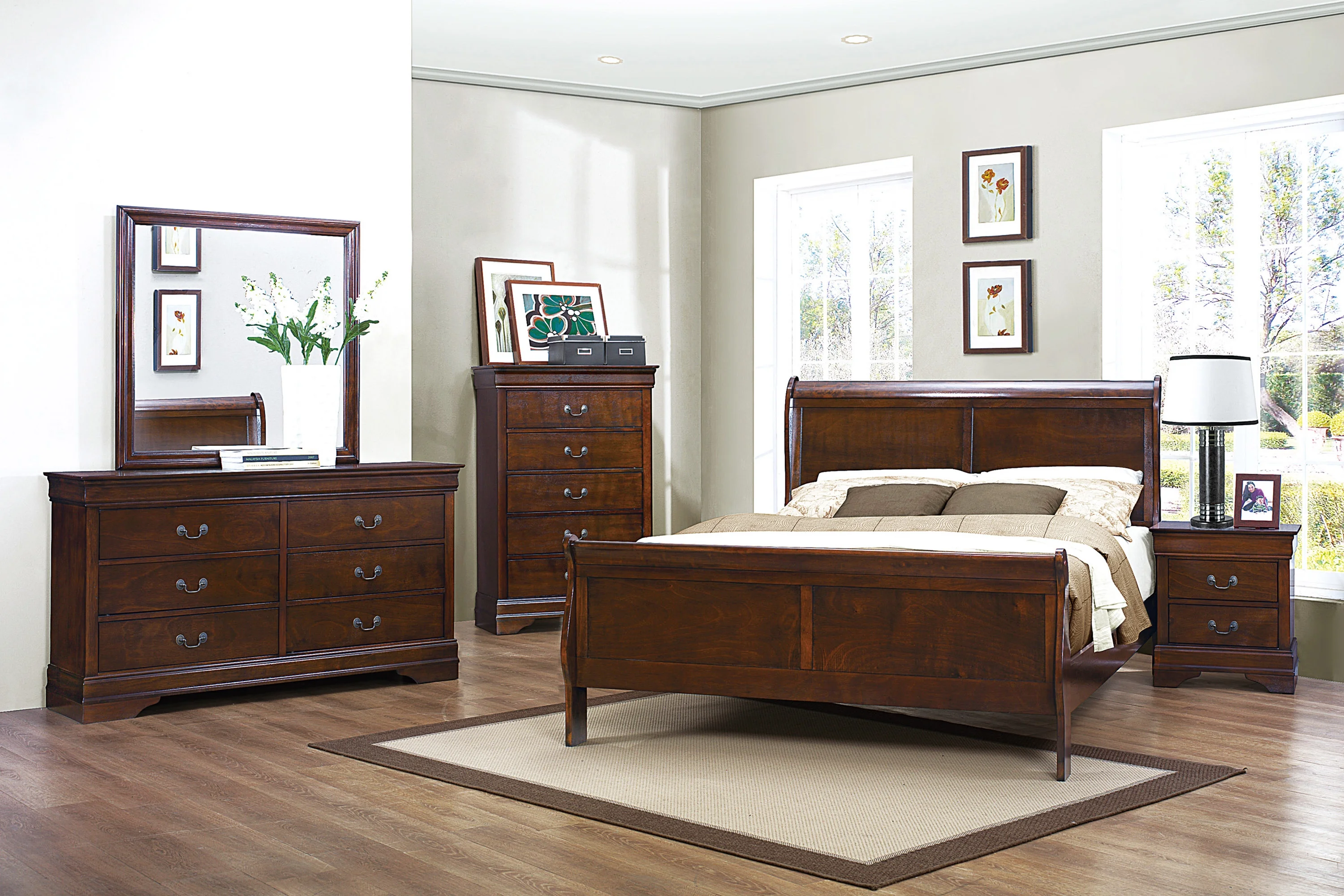 CoSoTower Classic Louis Philipe Style Full Bed Brown Cherry Finish 1Pc Traditional Design Bedroom Furniture Sleigh Bed