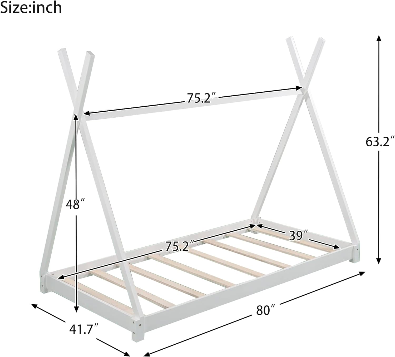 House Beds Wood Toddler House Bed Frame Montessori Style Teepee Bed For Kids Boys Girls Teens, White