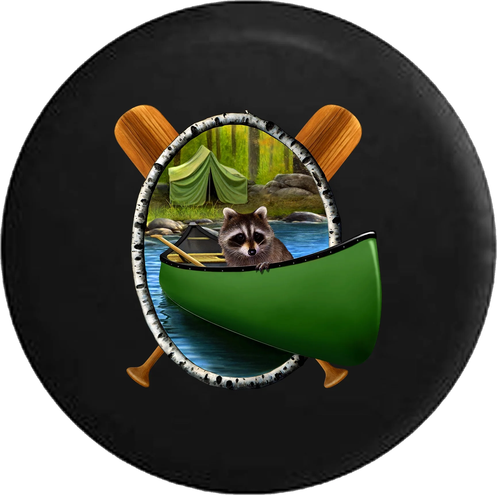 Raccoon in Canoe Camping at River Lake Edge Spare Tire Cover for Jeep RV 33 Inch