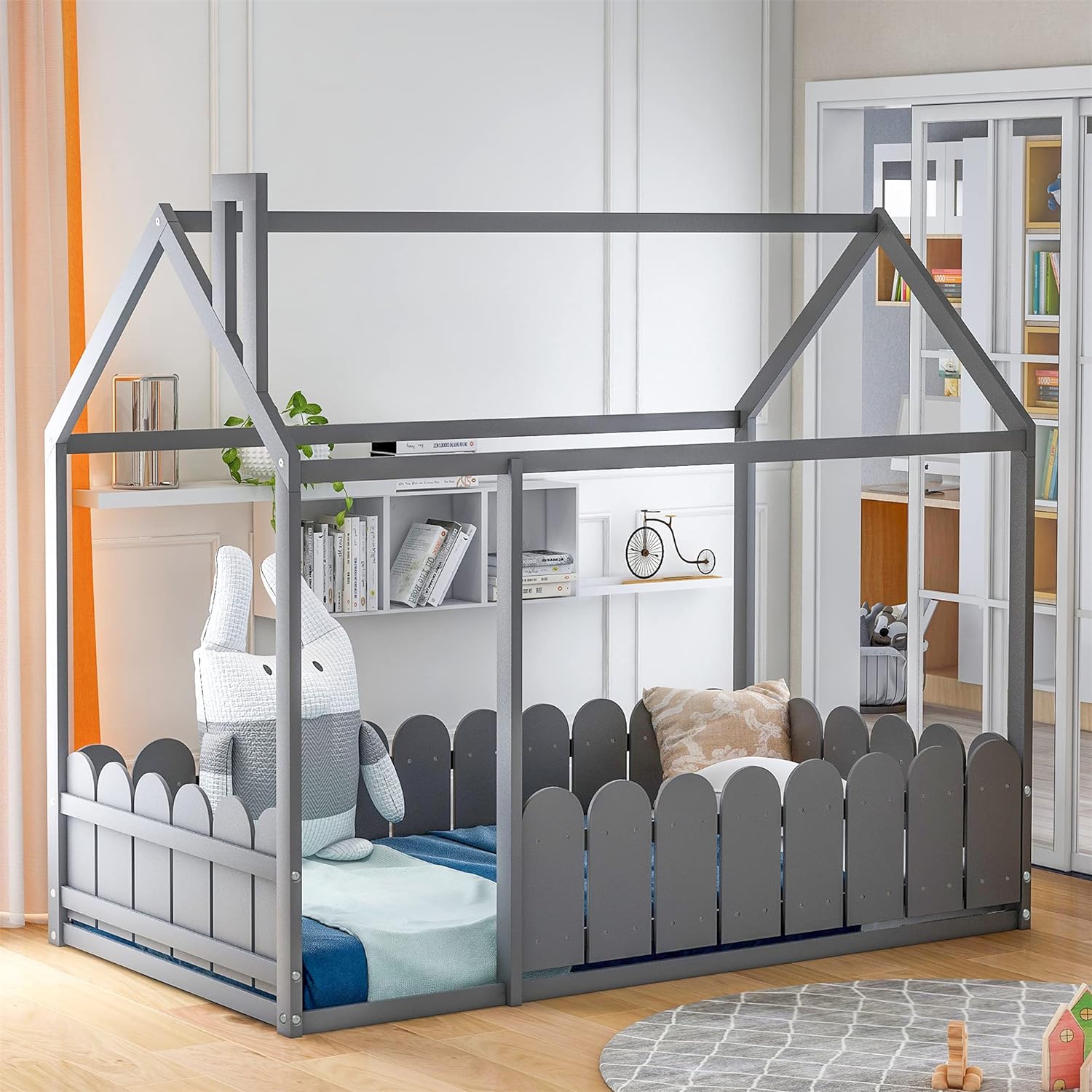 House Bed Kids Bed Frame With Roof And Fence, Box Spring Needed, For Toddlers, Kids, Teens, Girls, Boys (Gray)